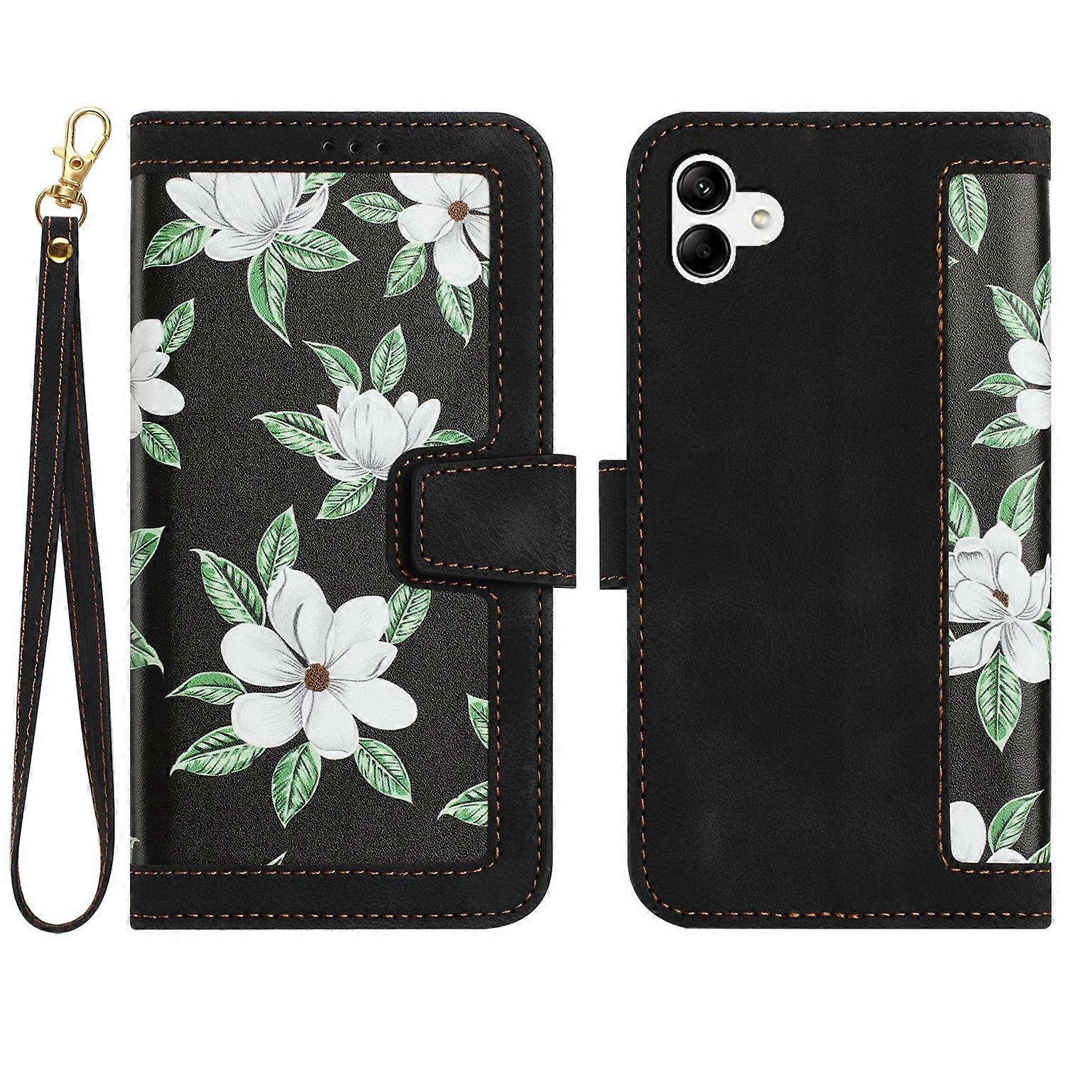 Floral Pattern Leather Phone Case with Lanyard