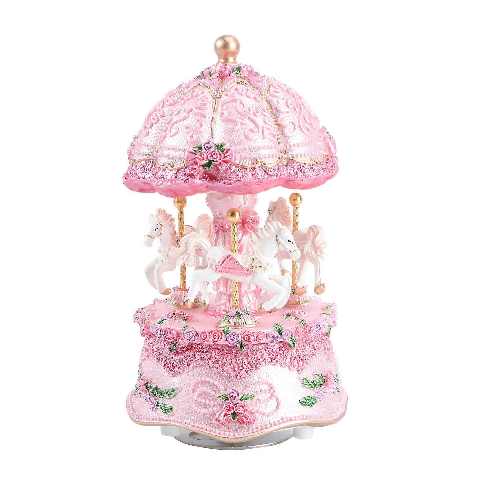 Musical Box Carousel Rotating with Music Pink Design Desktop Adornment 1Pcs