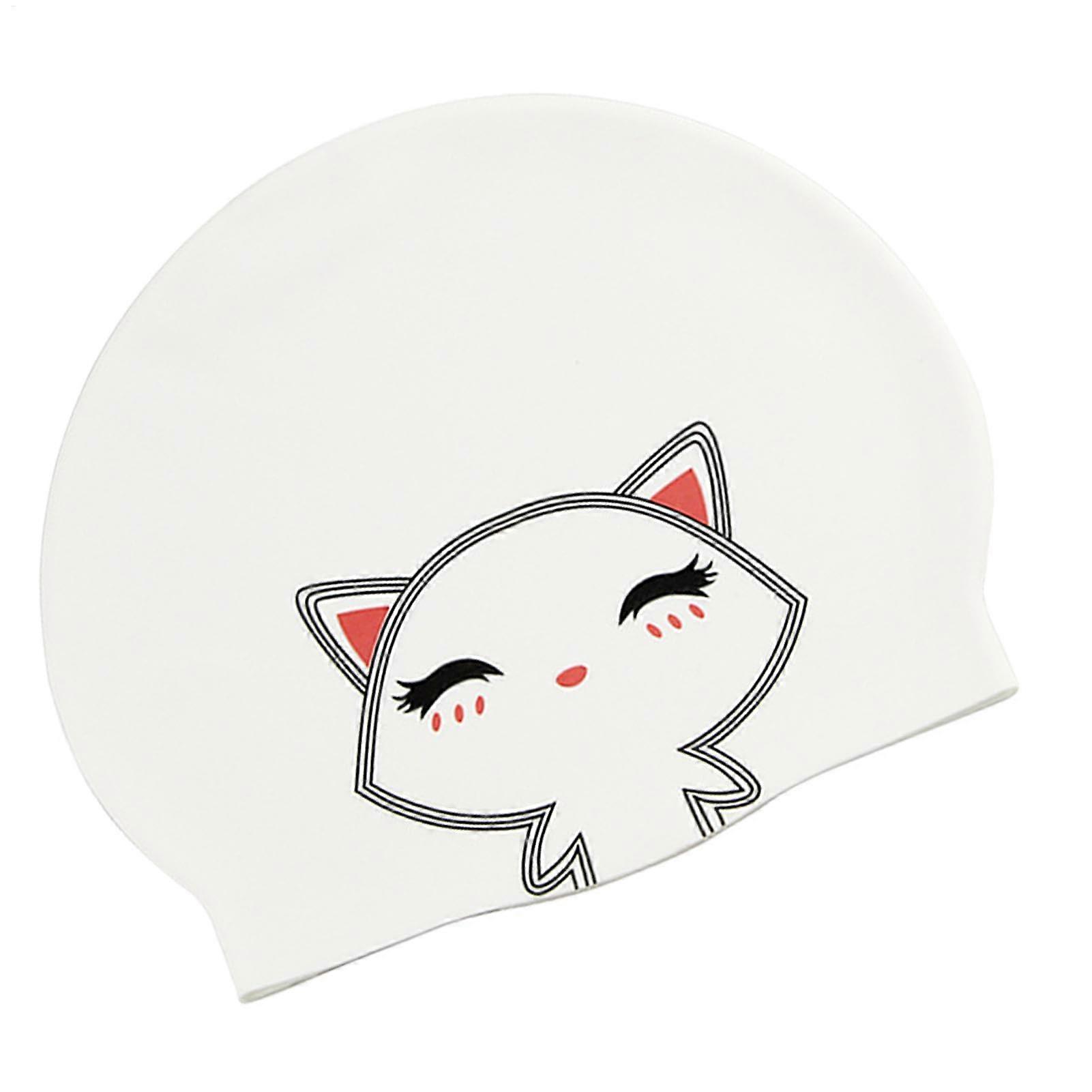 Swimming Caps for Long Hair, Waterproof Silicone Swimming Hat, Non-Slip Flexible Swim Cap for Adults, White Cat Design