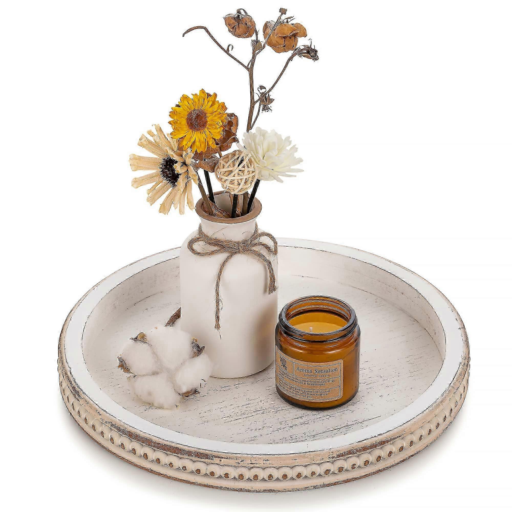 Round Wooden Serving Tray - Rustic Decor for Kitchen or Dining Table Suitable for Various Styles