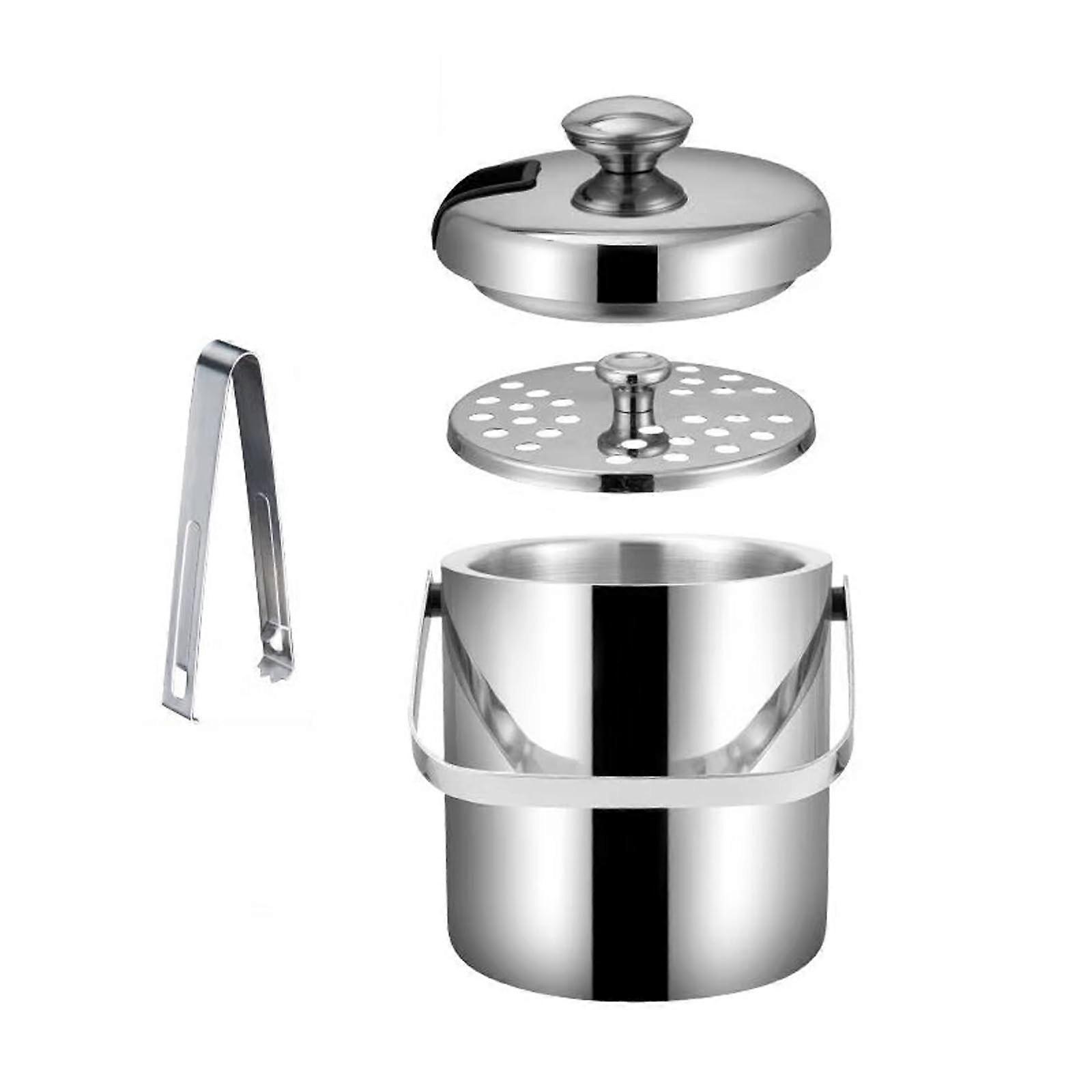 Ice Buckets DoubleWall Stainless Steel Insulated Ice Bucket 1.3L With Lid Tongs Strainer For Cocktail Bar Parties