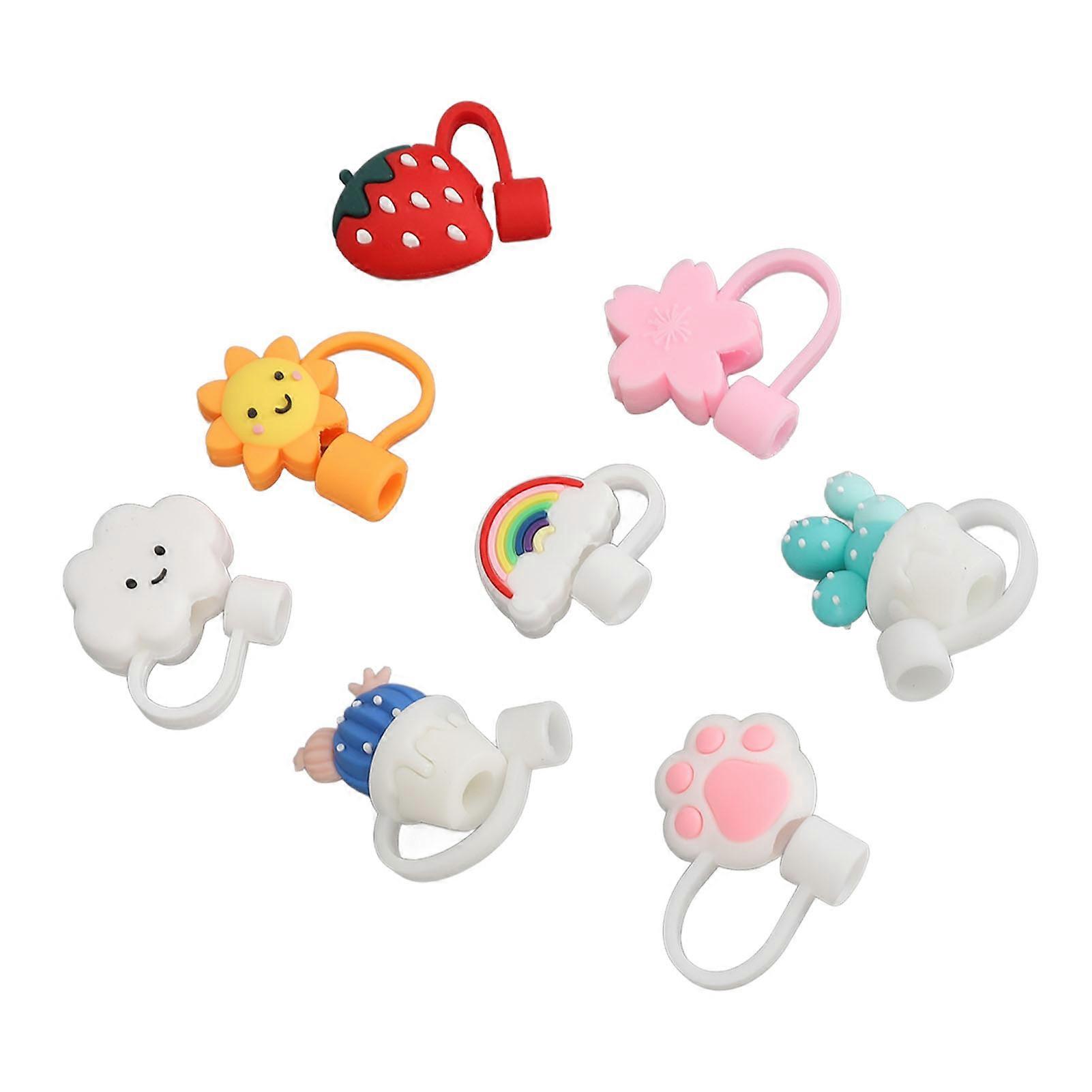 8pcs Straw Covers Silicone Cute Cartoon Design Dustproof Reusable Portable Drinking Straw Covers for Straws