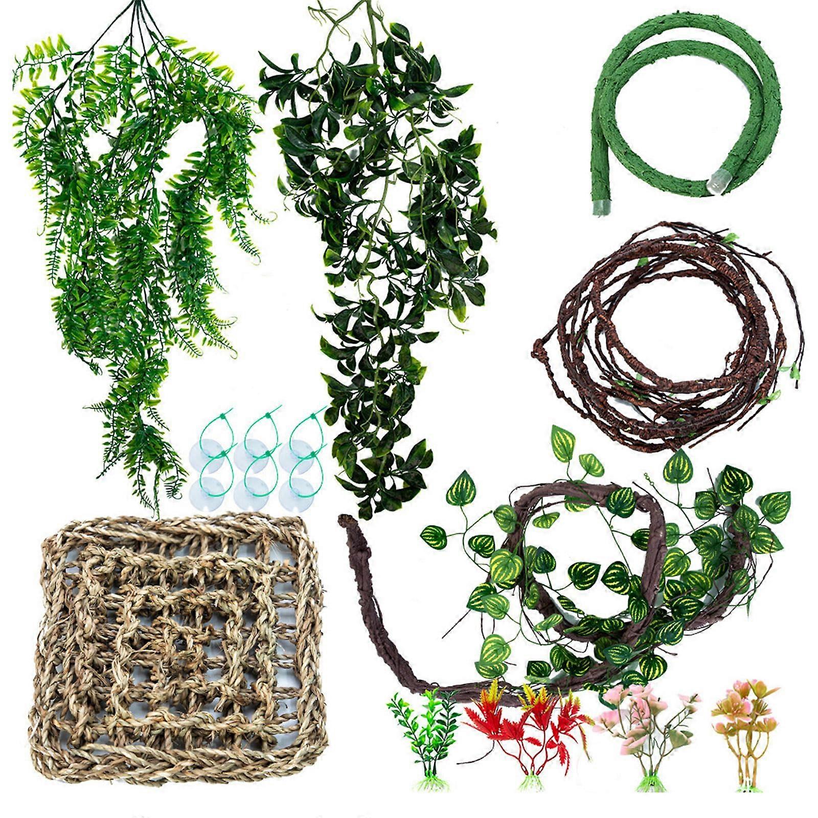 Reptile Plant Vine with Flexible Leaves for Terrarium Decor, Jungle Habitat Decoration for Lizards and Snakes, Artificial Greenery