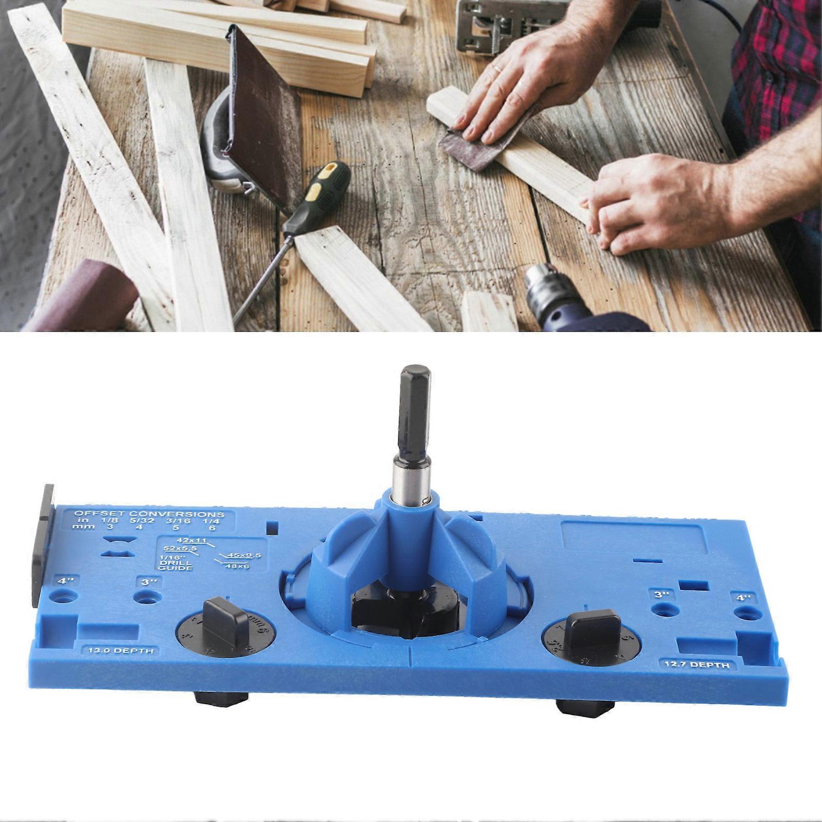 35mm Hinge Boring Jig Woodworking Hinge Hole Drilling Guide Locator with Cutter and 1/16in Bit Blue 