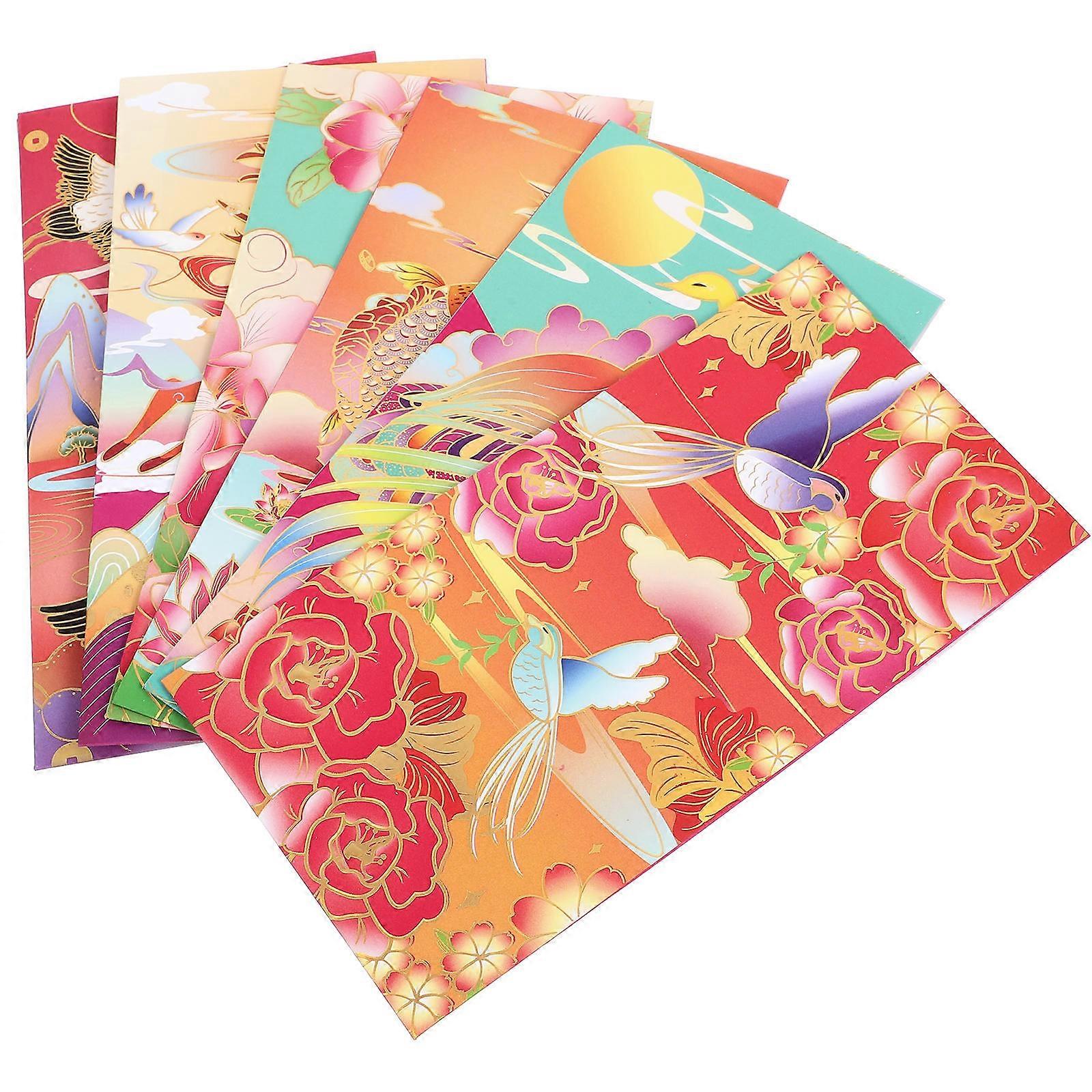 Chinese New Year Red Envelopes Money Storage Pockets For Friends Families Assorted Color Rectangular Design 6Pcs
