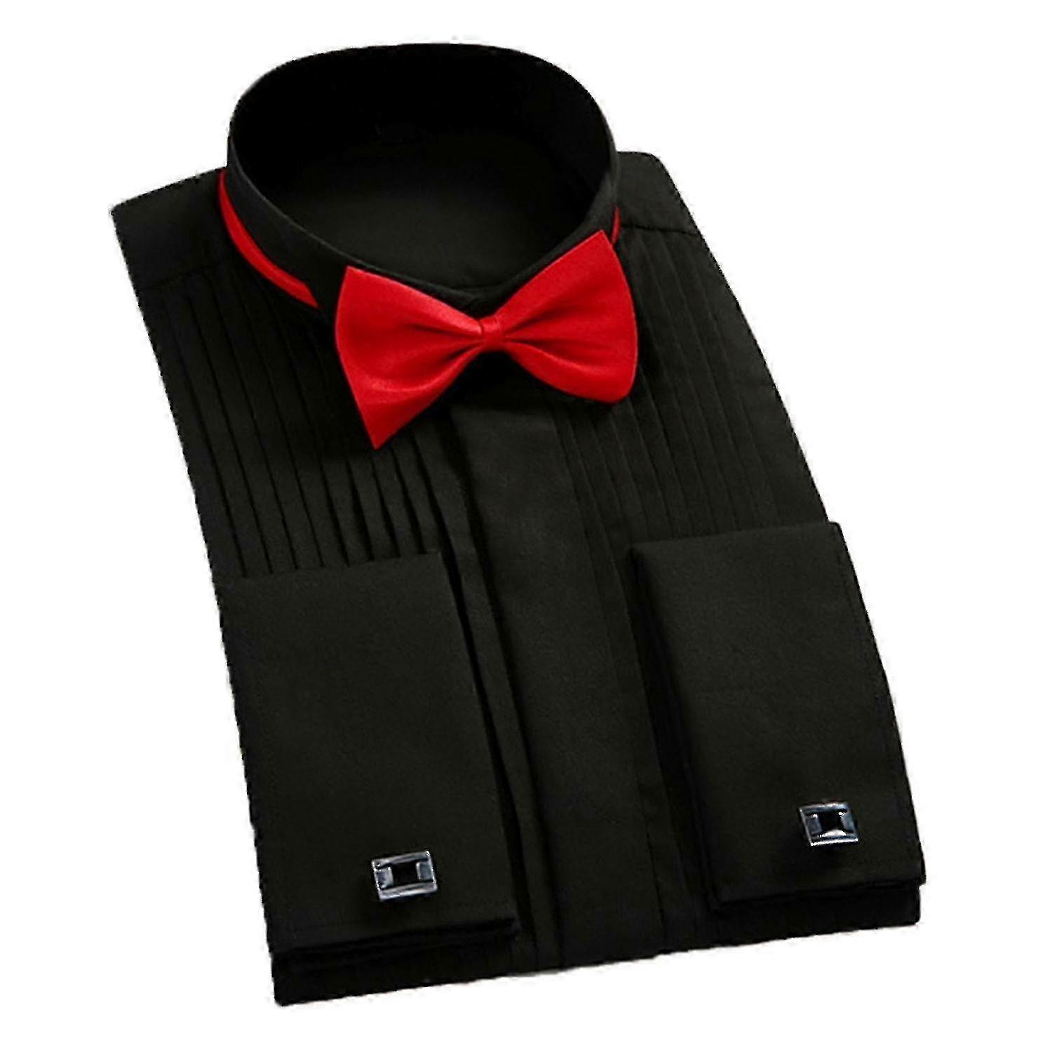 Wedding Tuxedo Shirt with Wingtip Collar, Bow Tie, Pleated Cufflinks, and Long Sleeves: Classic Regular Top Choose
