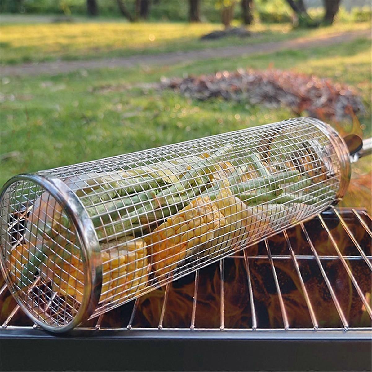 Rolling Grilling Baskets for Outdoor Grilling - Stainless Steel Round Bbq Grill Basket with Lock, B