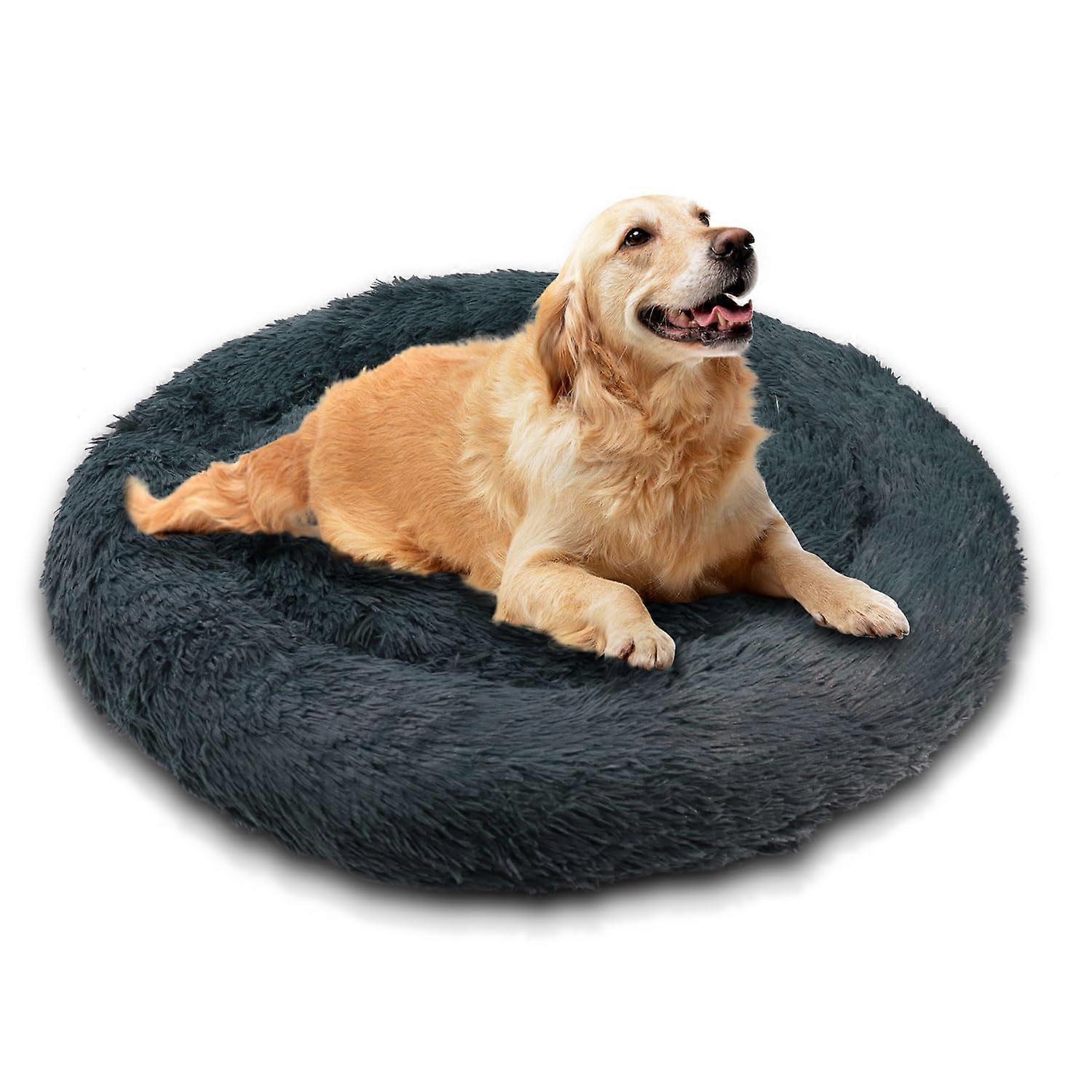 Round Plush Grey Dog Bed Soft Washable Pet Bed With Non Slip Bottom For Large Dogs L Size 80x80x13cm