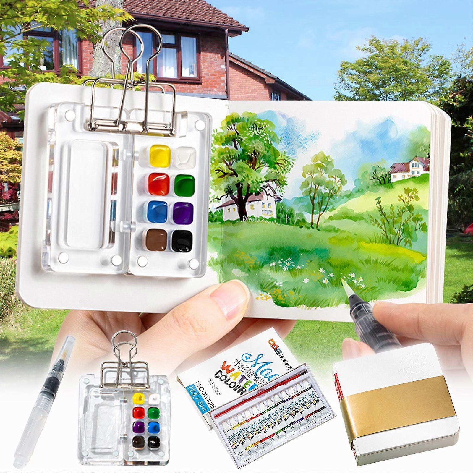 Mntpdp Mini Watercolor Paint Box - Portable Art Set with Sketchbook for Travel and On-the-Go Creativity multicolor