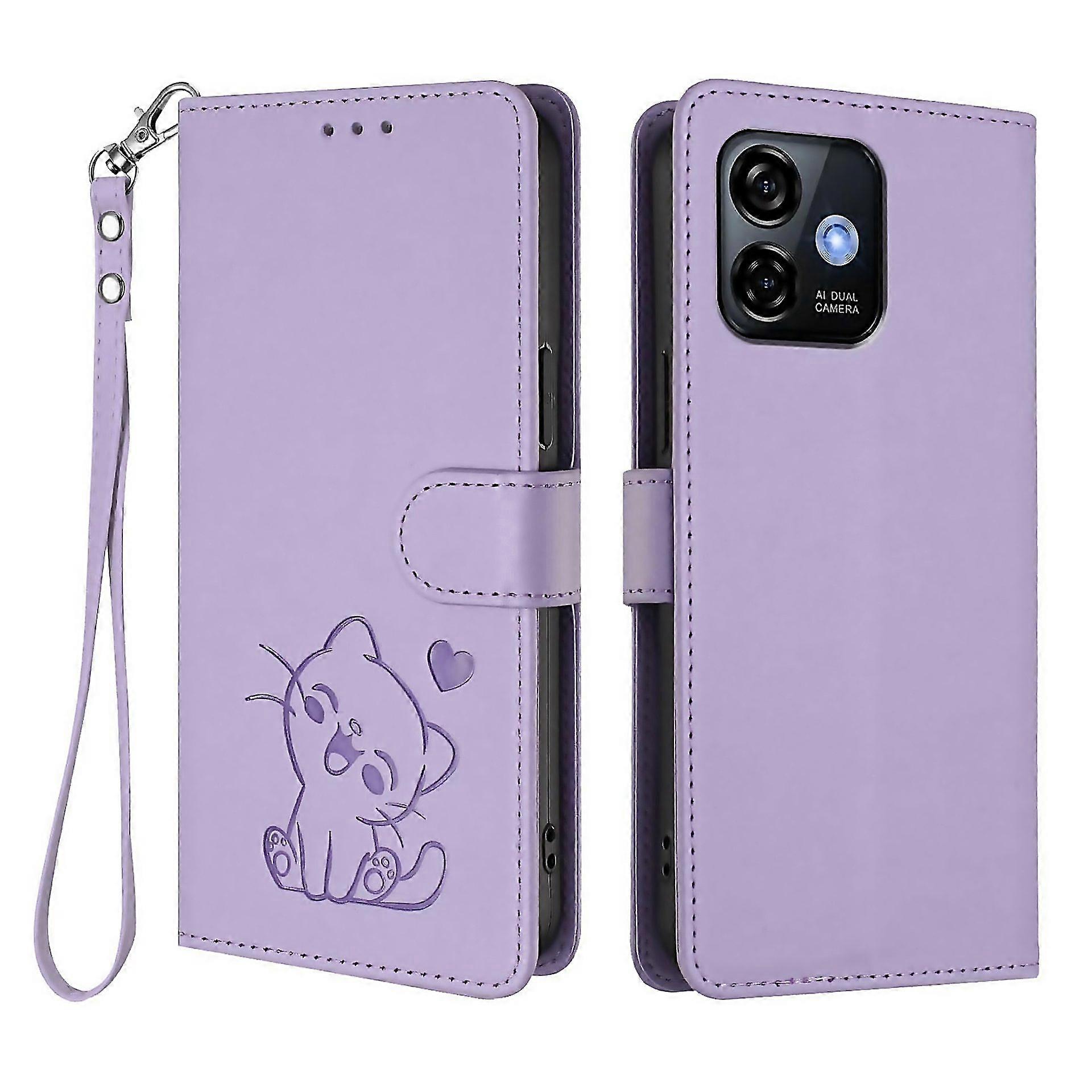 For Embossed Heart Cat Leather Phone Case With Hand Strap Suitable For Everyday Use