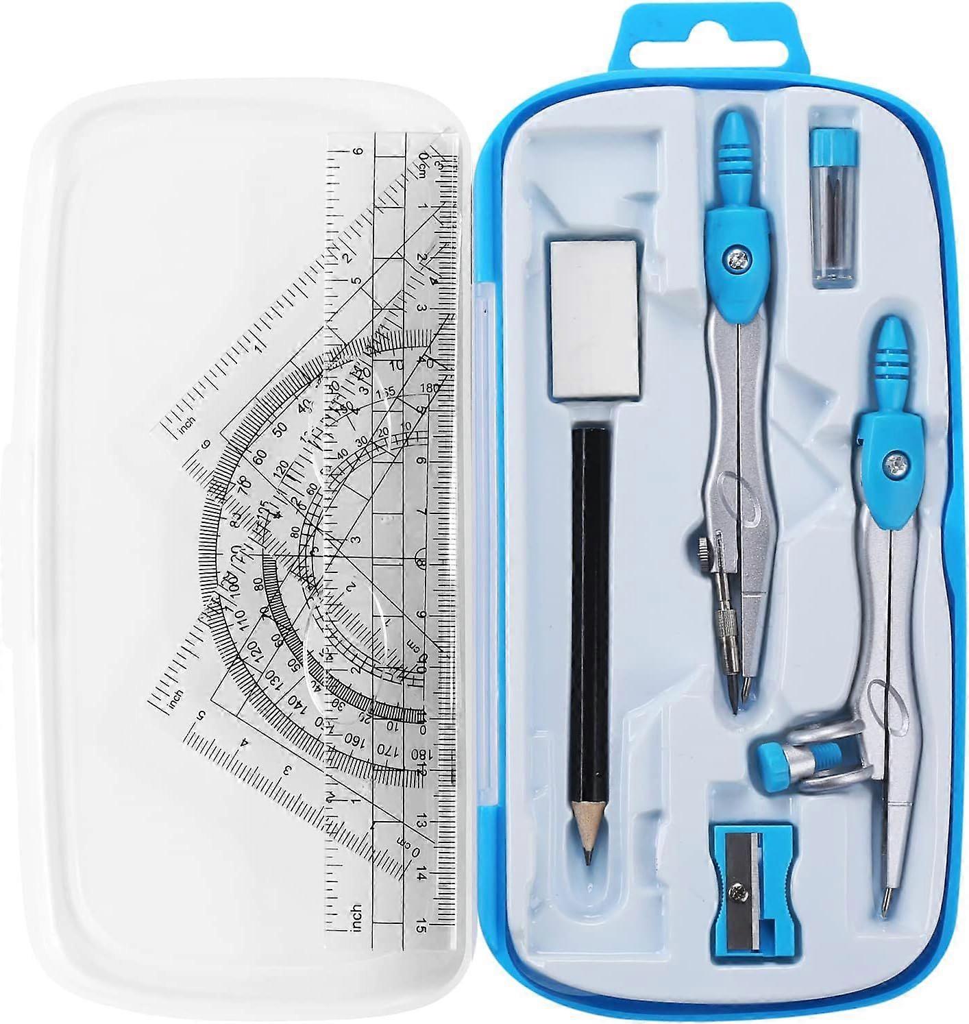 10-Piece Math Geometry Kit for Students - Shatterproof Storage Case Included | Ruler, Protractor, Compass, Eraser, Pencil Sharpener, Refills (2 Packs)