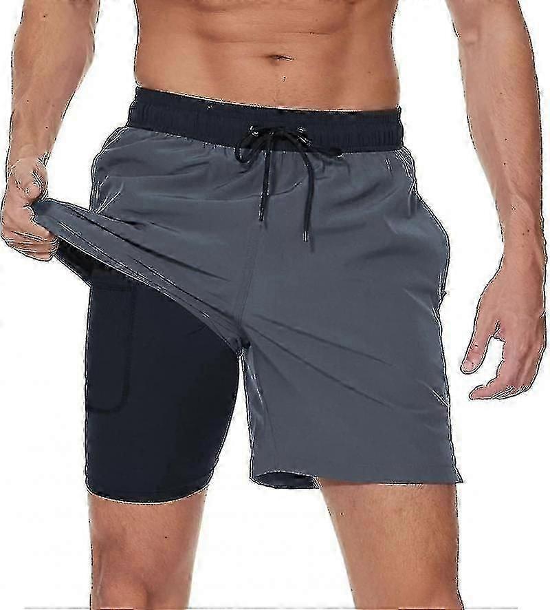 Men's Swim Trunks With Compression Liner 2 In 1 Quick Dry Mens Swim Shorts With Boxer Brief Lined Surfing Stretchy Beach Shorts With Zipper Pockets Xi