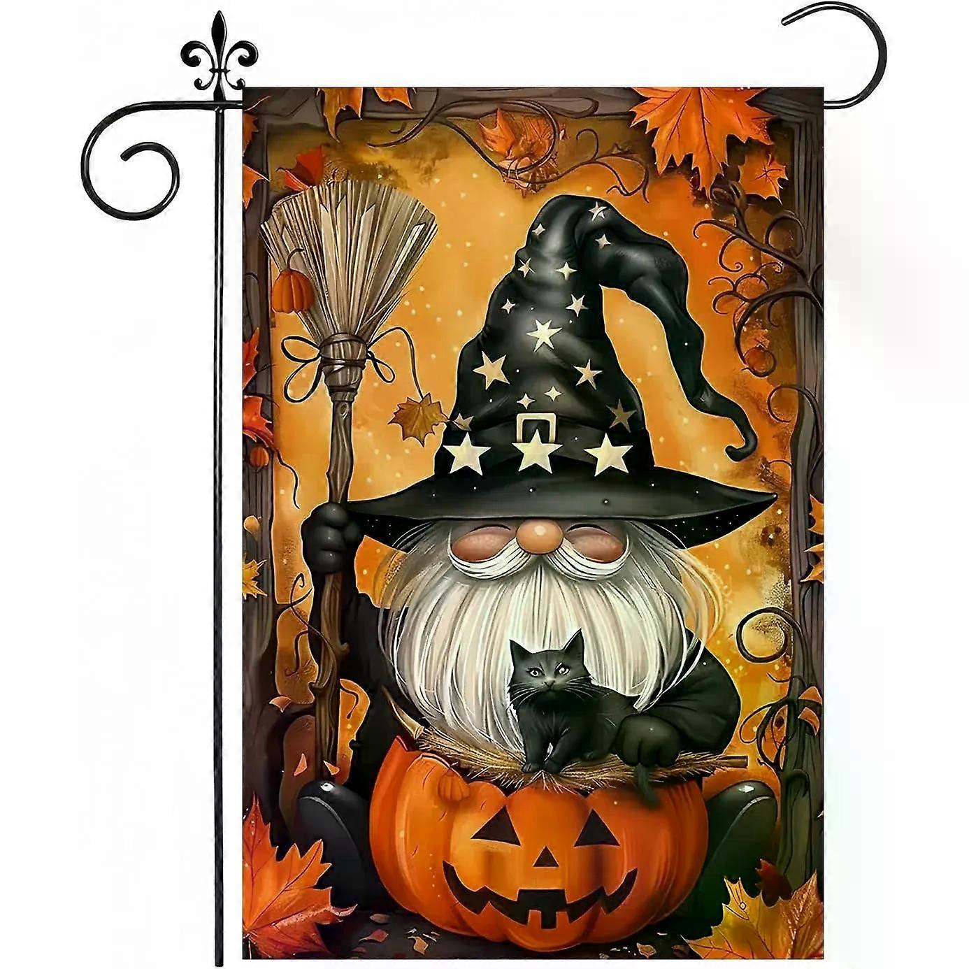 דגל גן ליל כל הקדושים קישוט קבלת פנים חיצוני דו צדדי עם מכשפה קוסמת, חתול שחור ג'ק או' לנטרן