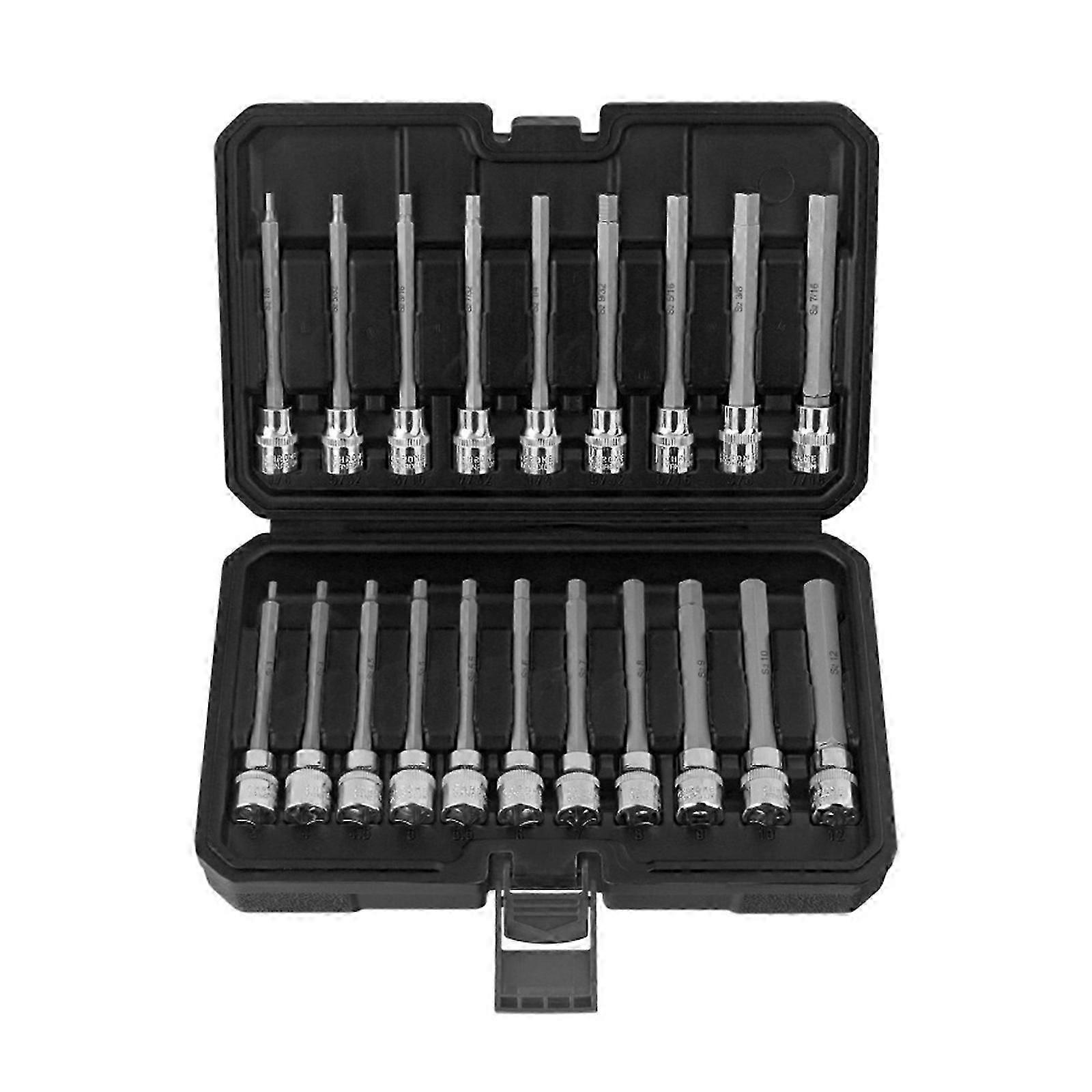 Set of 20 Industrial Grades Extended Reach Hex Bit Sockets 3/8" Drive For Automotive Repair Metric British Size Cs