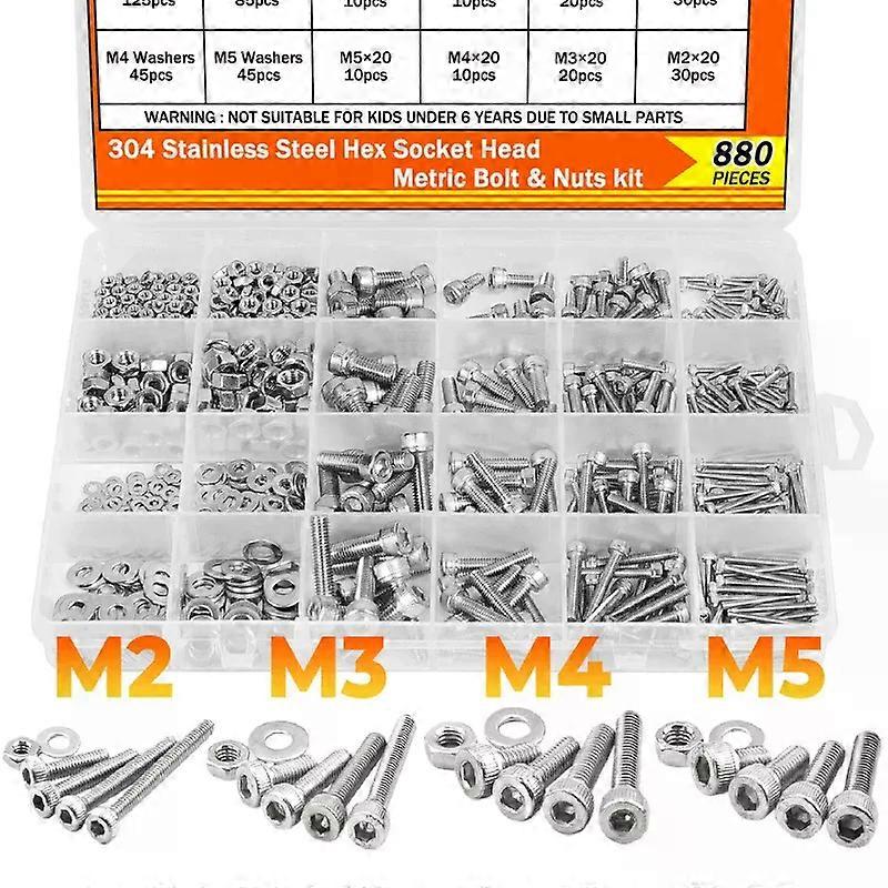 880PCS 304 Stainless Steel Screw Nut Bolt Washer Kit - M2 M3 M4 M5 Hex Socket Head Cap Machine Screw Set with Allen Wrench