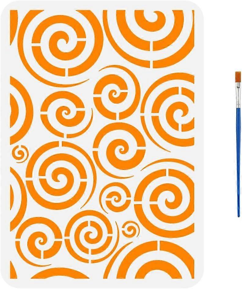 Spirals Painting Stencil with 1Pc Plastic Paint Brush 8.3x11.7inch Reusable Swirl Pattern Drawing Template Line Art Endless Connections Swirls Repetit