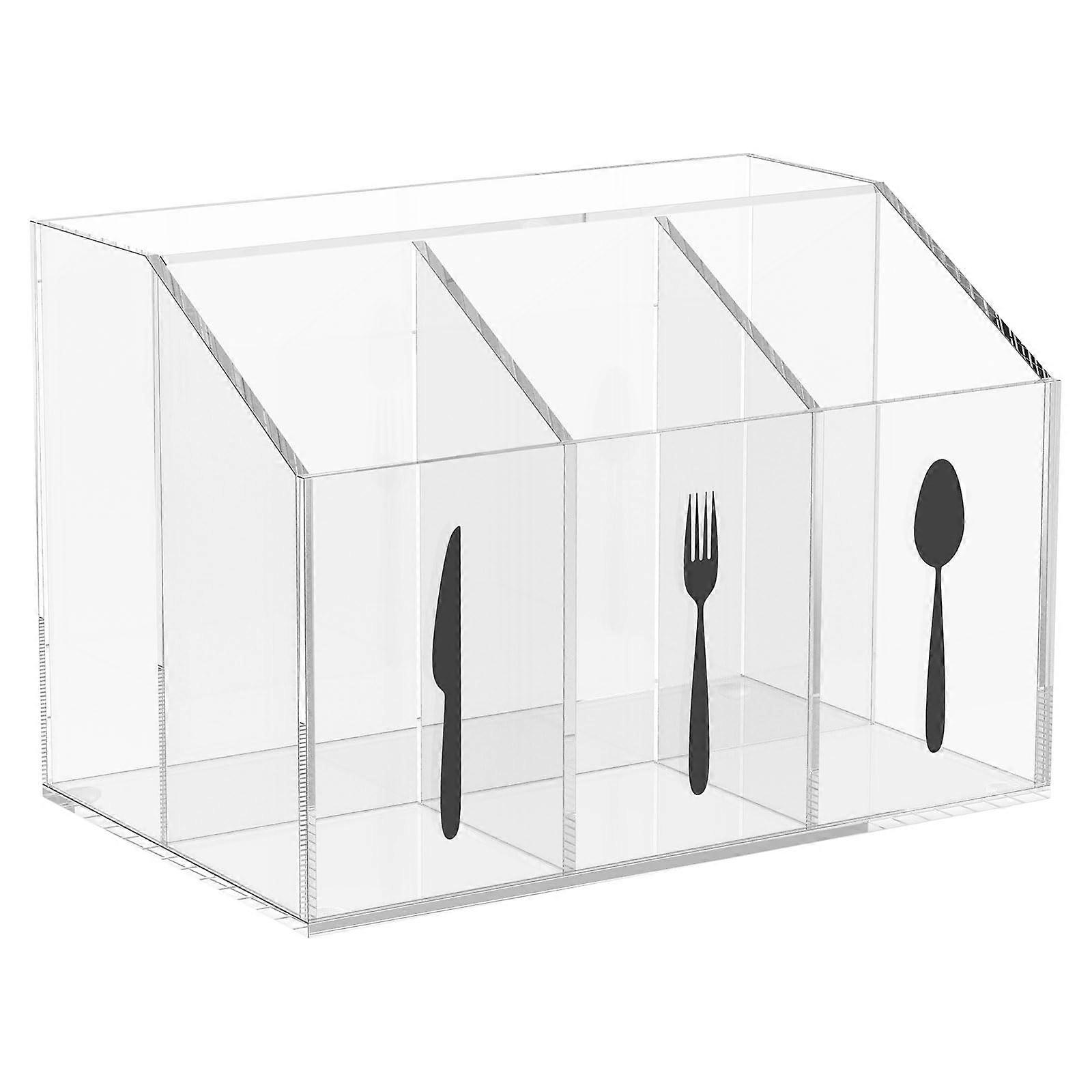 Acrylic Silverware Caddy with Compartments, Transparent Utensil Holder with Nonslip Base for Kitchen Dining Table