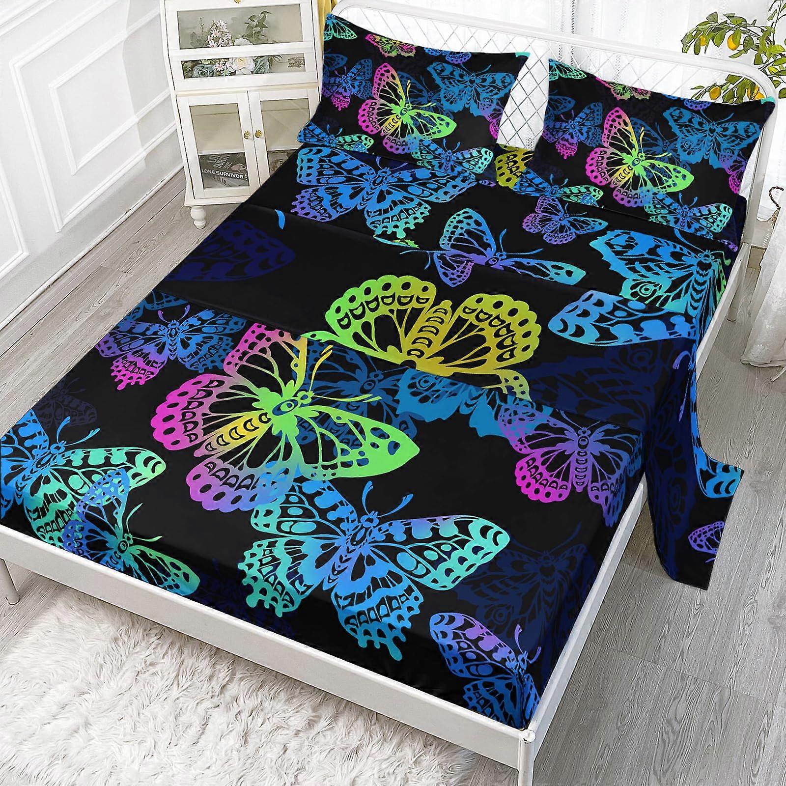 Butterfly Kids Sheet Set Twin Size Gradient Black Butterfly For Girls With 1 Flat Sheet 1 Fitted Sheet 2 Pillow Cases