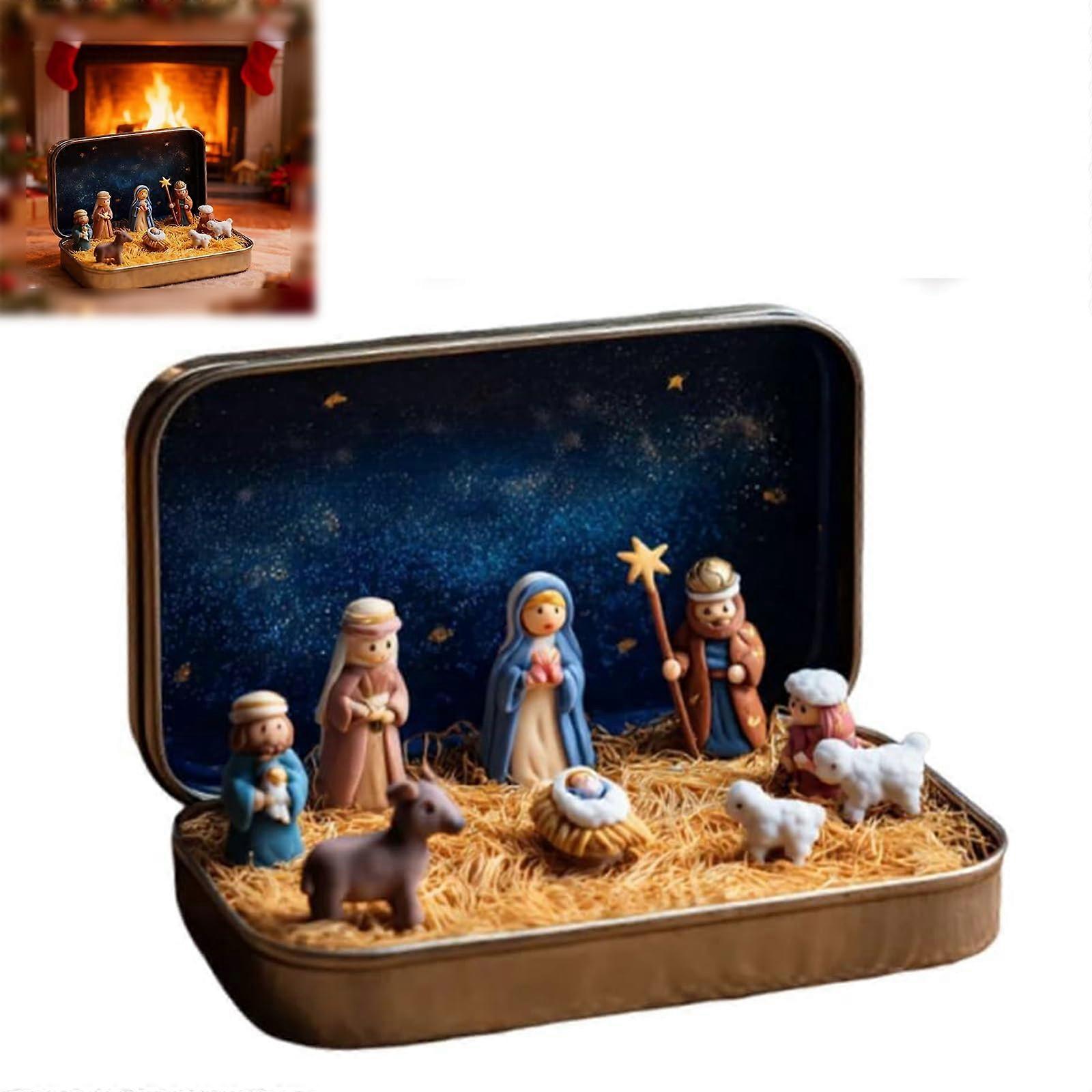 Mini Nativity Set with Handpainted Wooden Figurines in ReadytoGift Tin Box for Travel