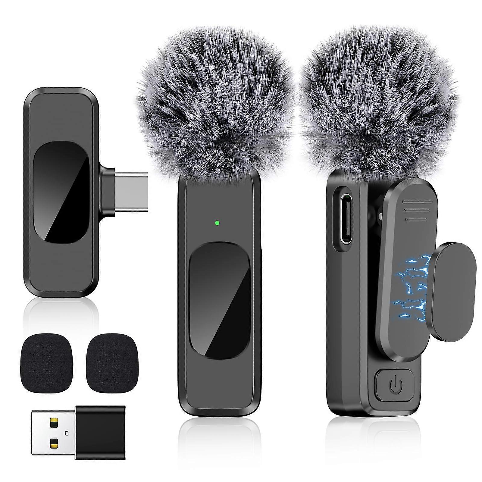 Wireless Lavalier Microphone USBC Clipon with Noise Cancellation for Android iPhone 15 Video 2Pack