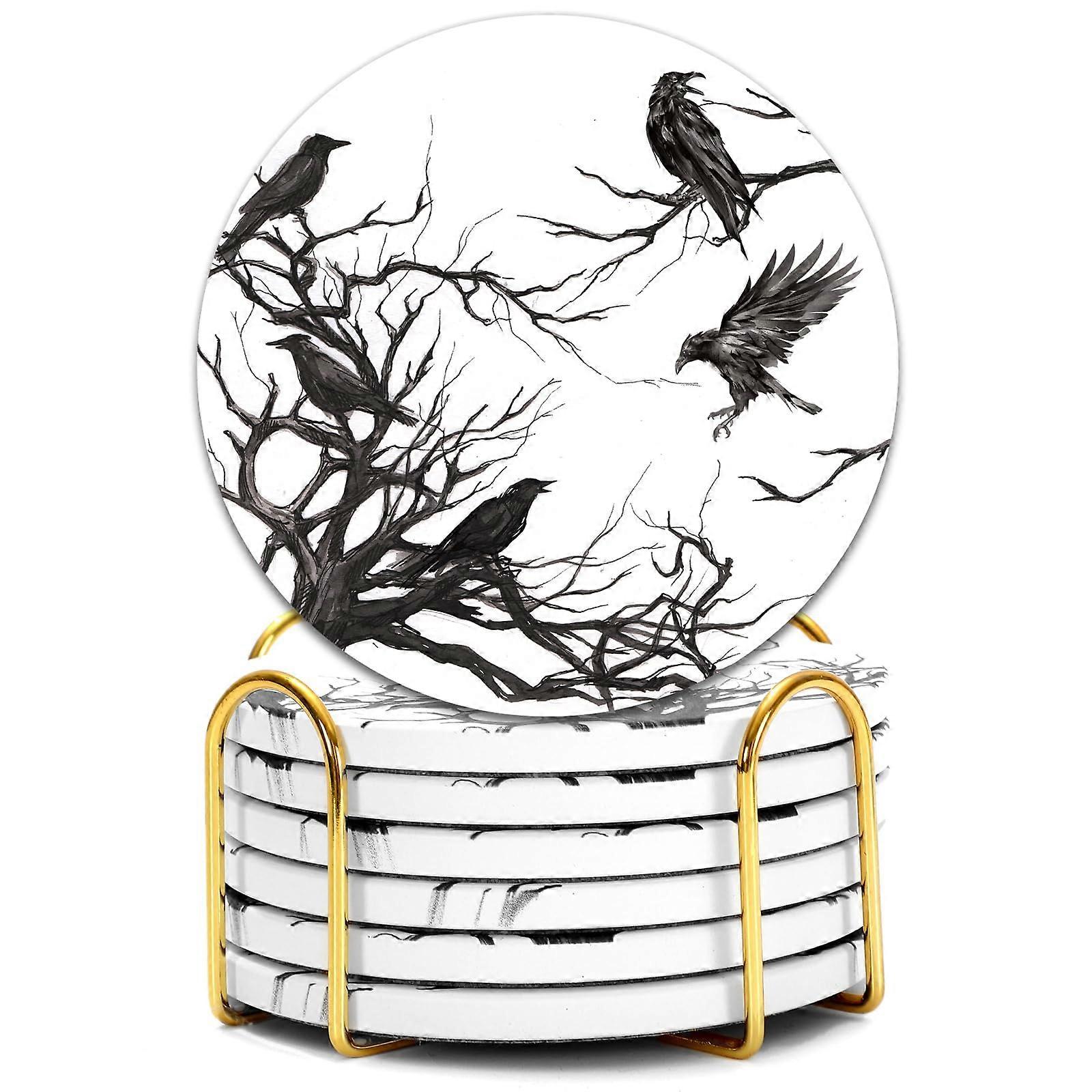 6Pcs Halloween Coasters with Holder Black Ceramic Drink Coasters WaterAbsorbing Table Decor