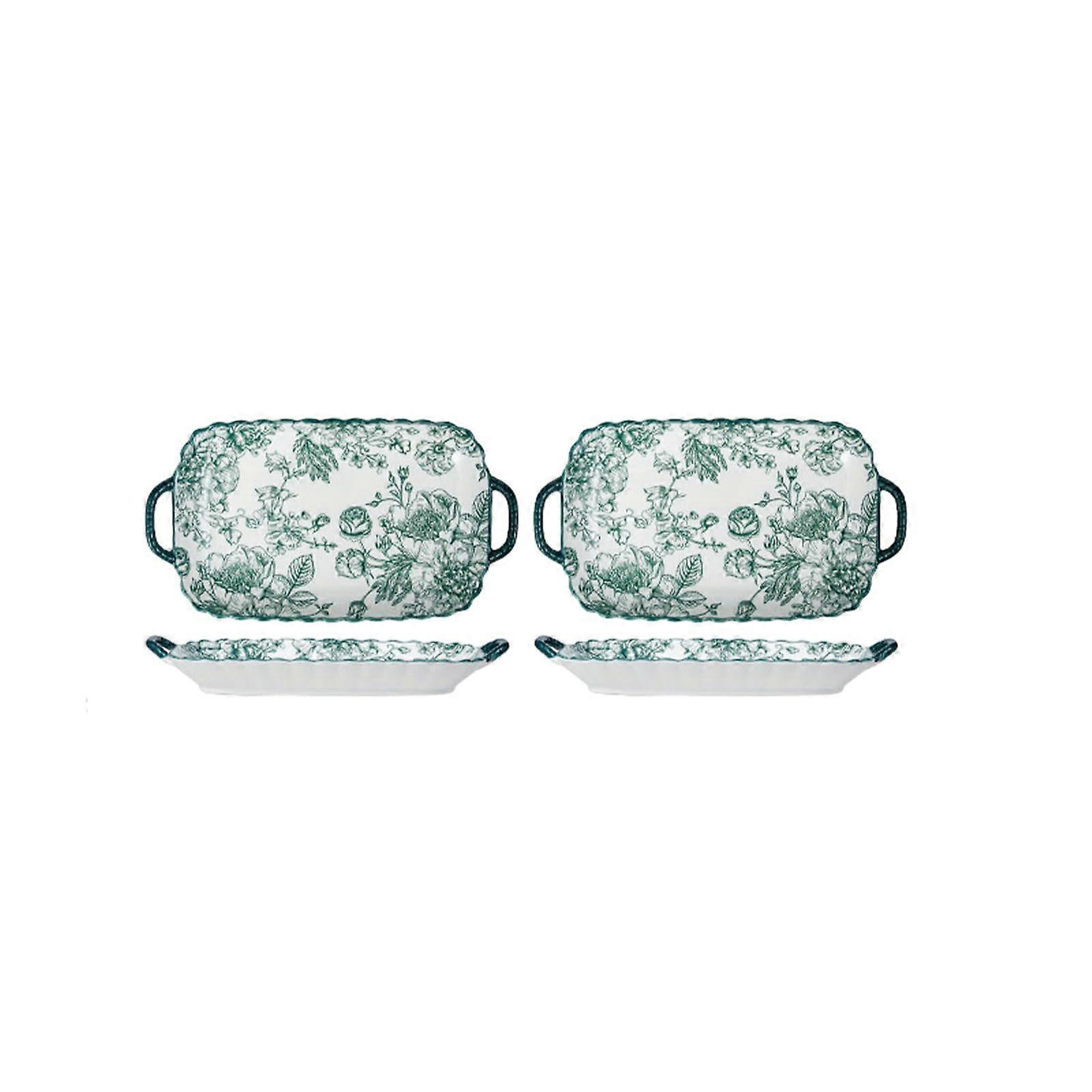 Ceramic Dinnerware Set 12Inch Double Ear Rectangular Serving Plate Green Microwave and Dishwasher Safe 2 Pack