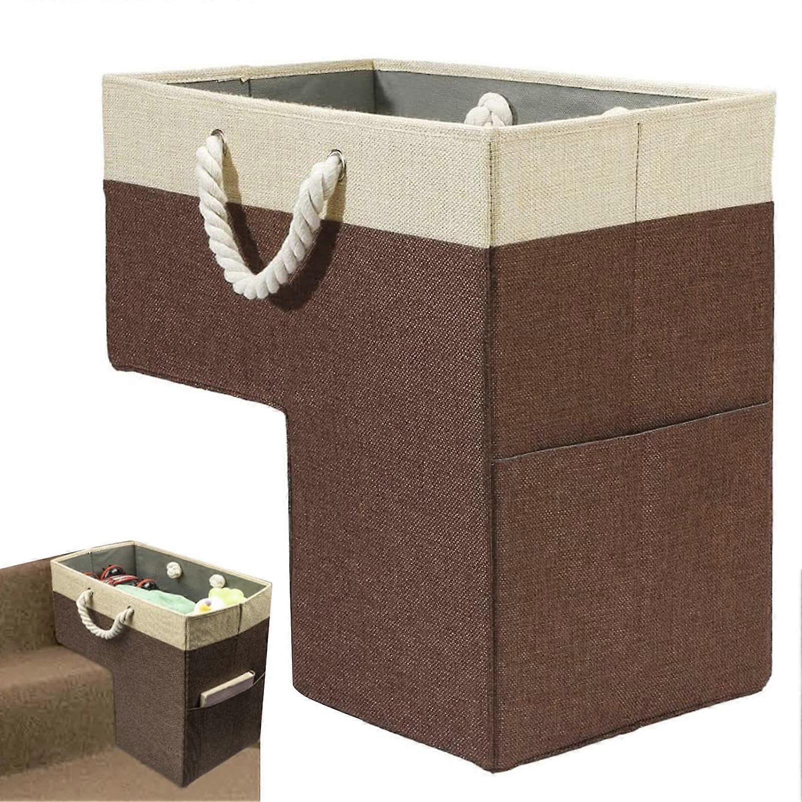 LShaped Stair Storage Basket Organizer, Foldable Cotton Linen Step Bin with Handle for Clothes, Toys