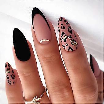 Press On Nails Medium Almond Shape Fake Nails Black French Tip Leopard Print Glossy Pink Gold Line 24 Pcs