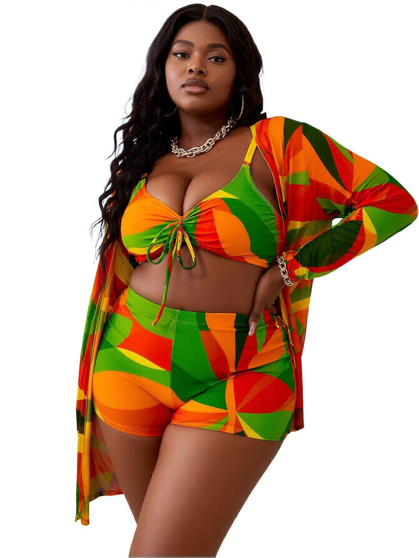 Plus-size bright geometric print bikini set, including cover-up