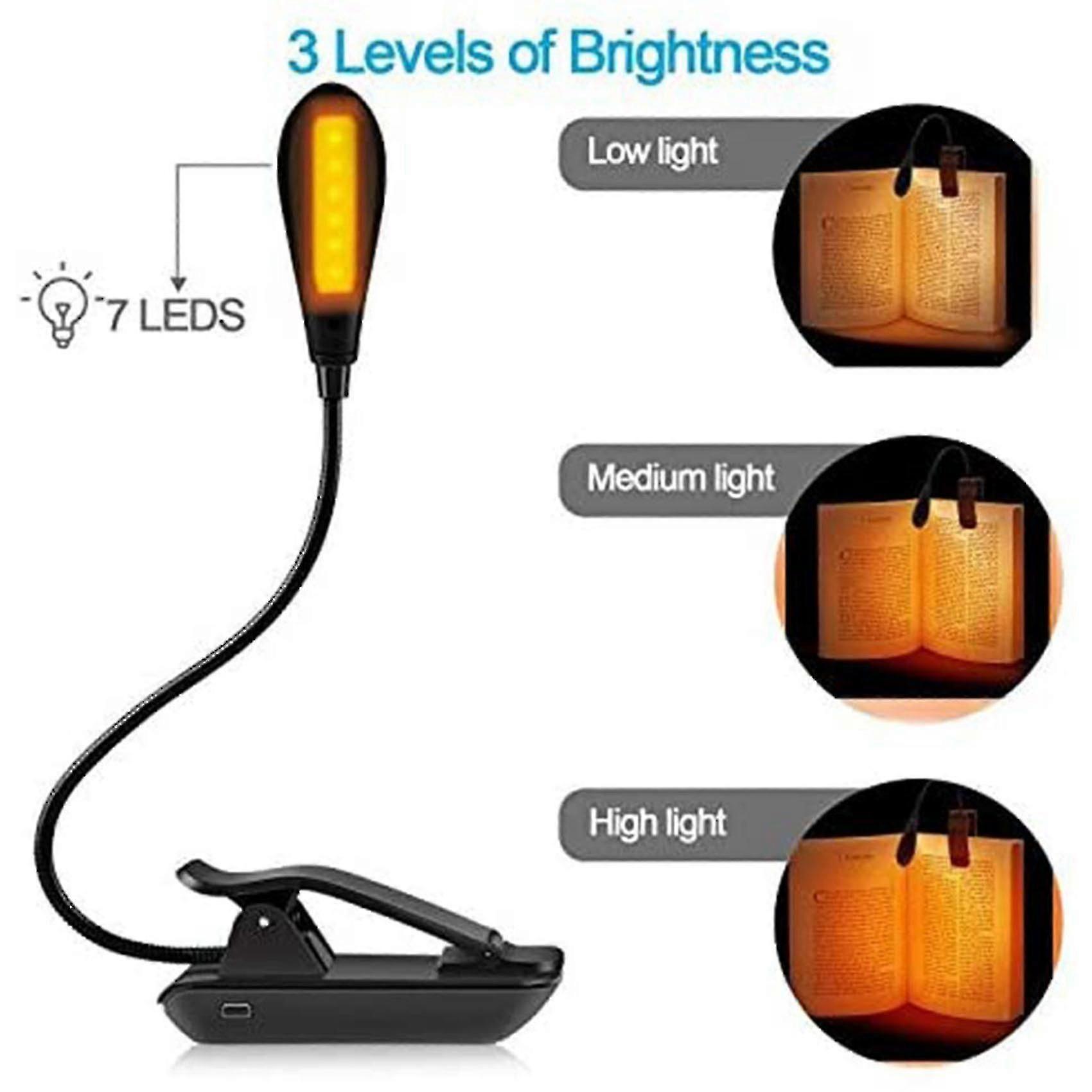 Rechargeable Amber Book Light with 7 LEDs, Brightness Adjustable for Bedtime Reading