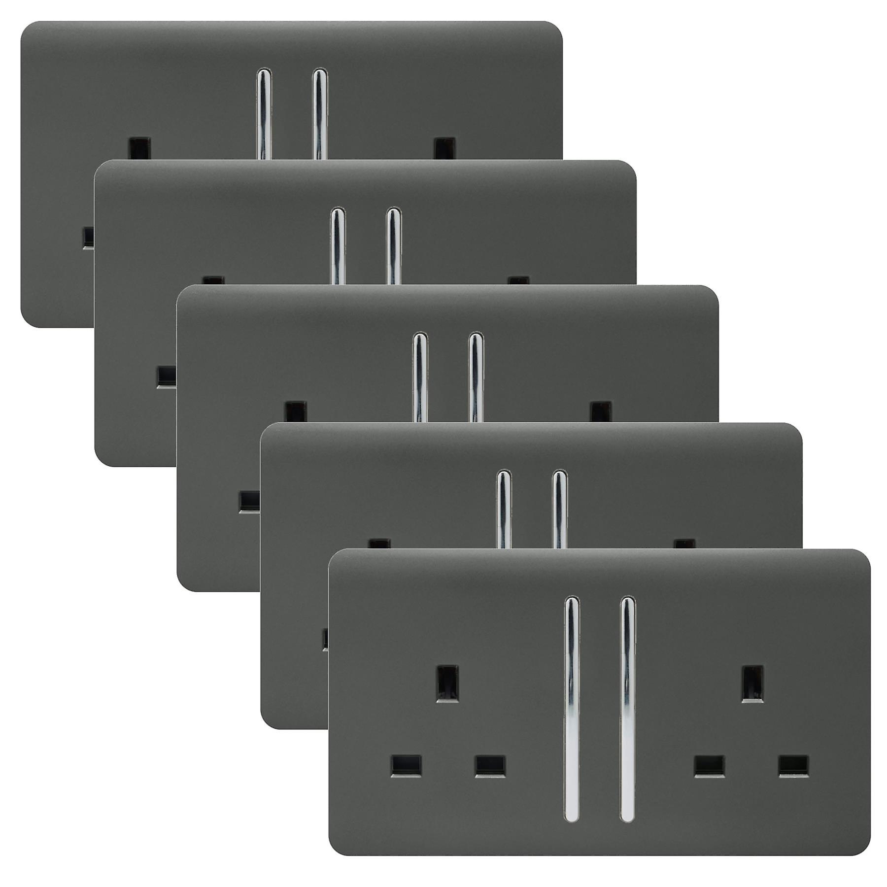 Trendi 2 Gang Artistic Modern Glossy 13 Amp Switched Tactile Plug Socket Charcoal (5 Pack)
