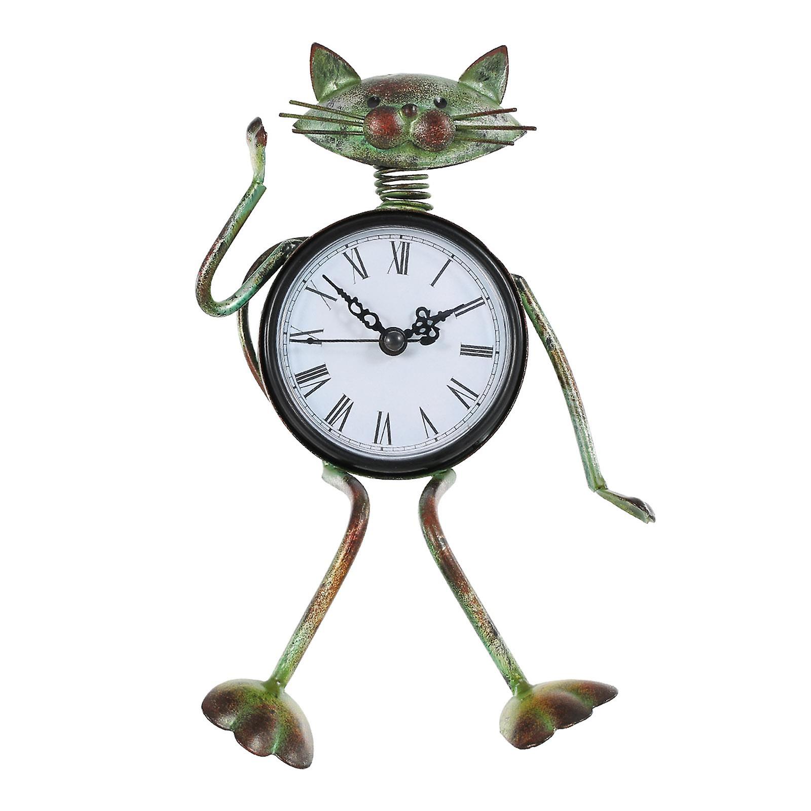 Tooarts Cat Clock Handmade Vintage Metal Iron Cat Figurine Mute Table Clock Practical Clock