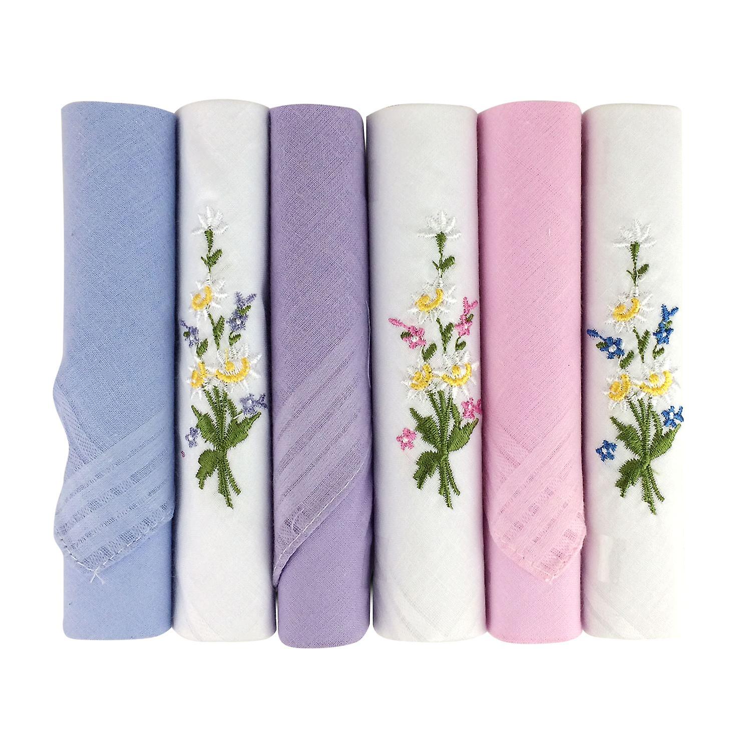 6 Pack Women's/Ladies Dyed & Embroidered Handkerchiefs With Stripe Satin Borders, 100% Cotton