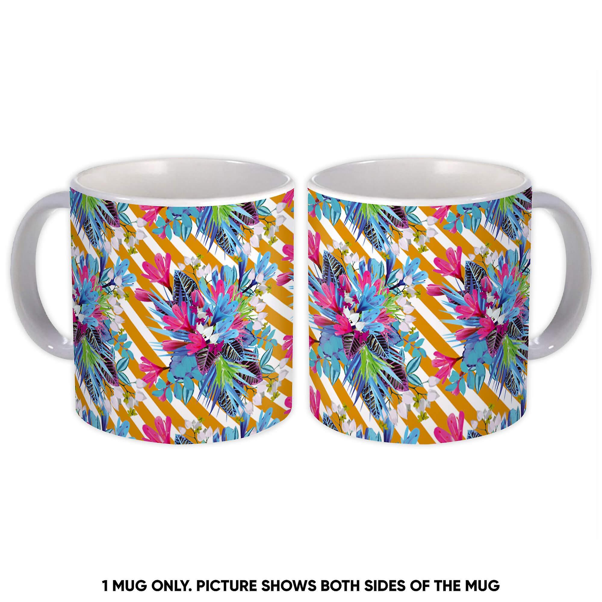 Gift Mug: Exotic Flowers Bouquet Stripes