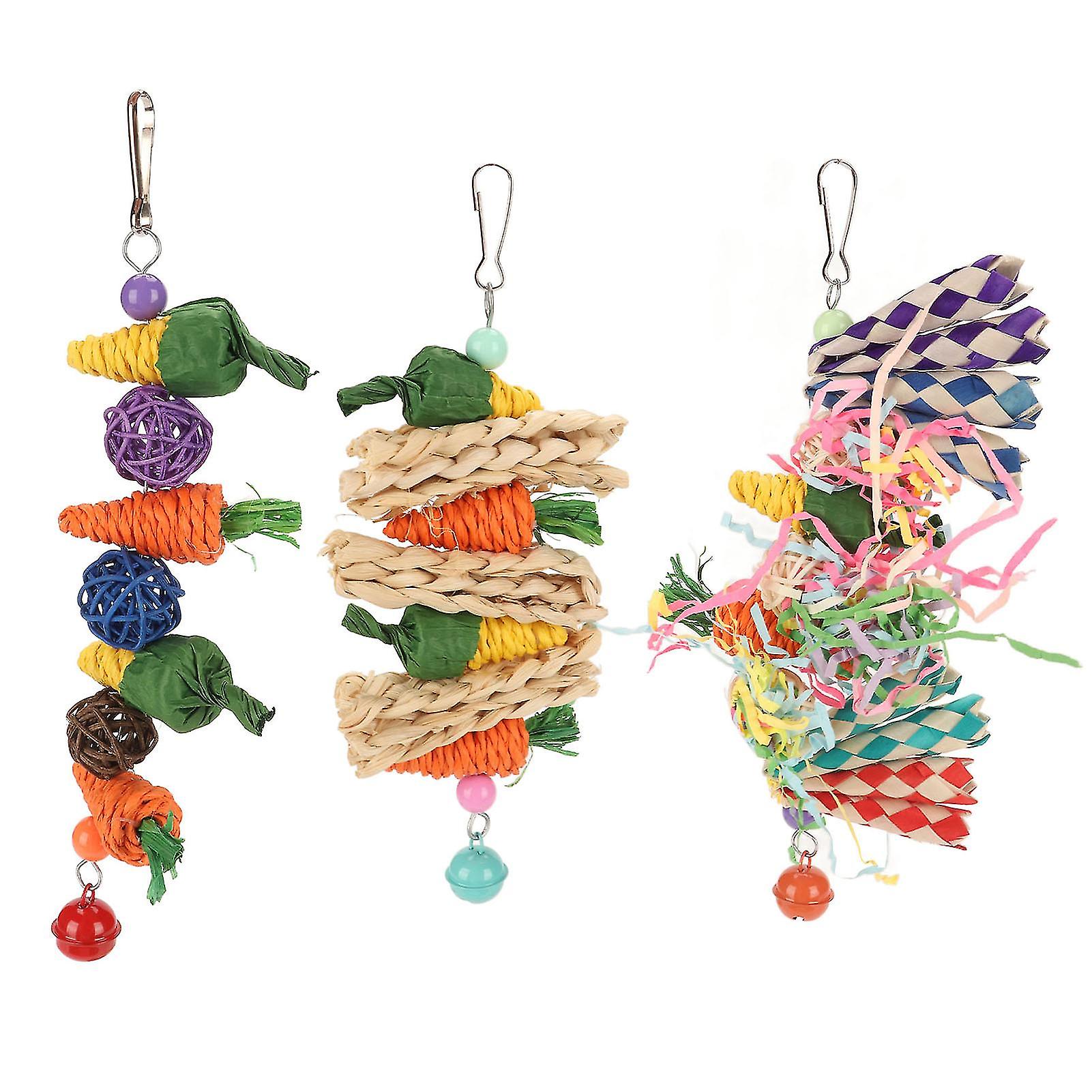 3 Pack Parrot Chew Toys, Weaving Carrot Corn Rattan Balls Shredded Paper Hanging Bird Cage Toy for Parakeets Lovebirds Conures