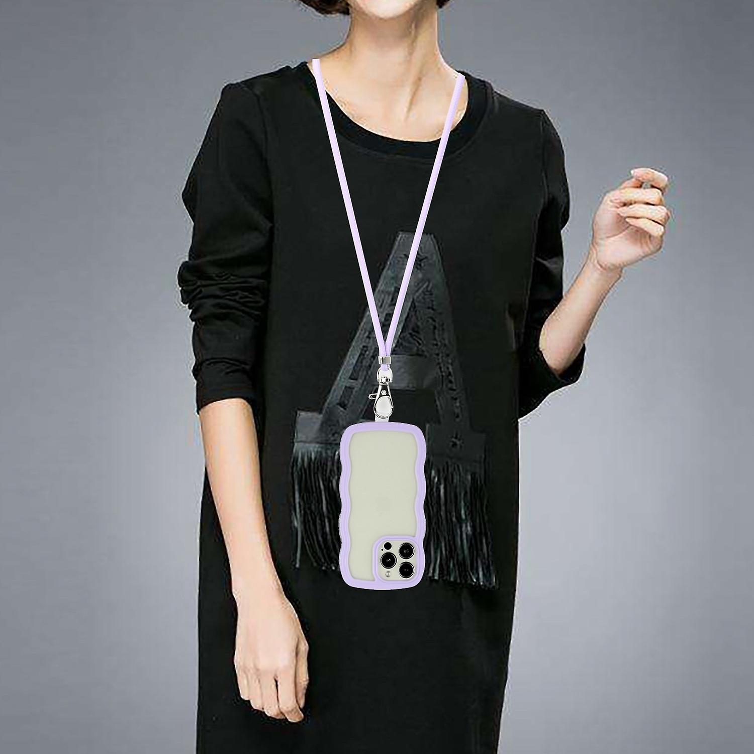 Phone Case For iPhone 14 Pro Wavy Edge Color Frame Cell Phone Back Cover with Adjustable Lanyard