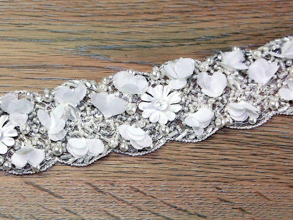 Minerva 45mm Beaded Flowers Lace Trim Ivory - per metre