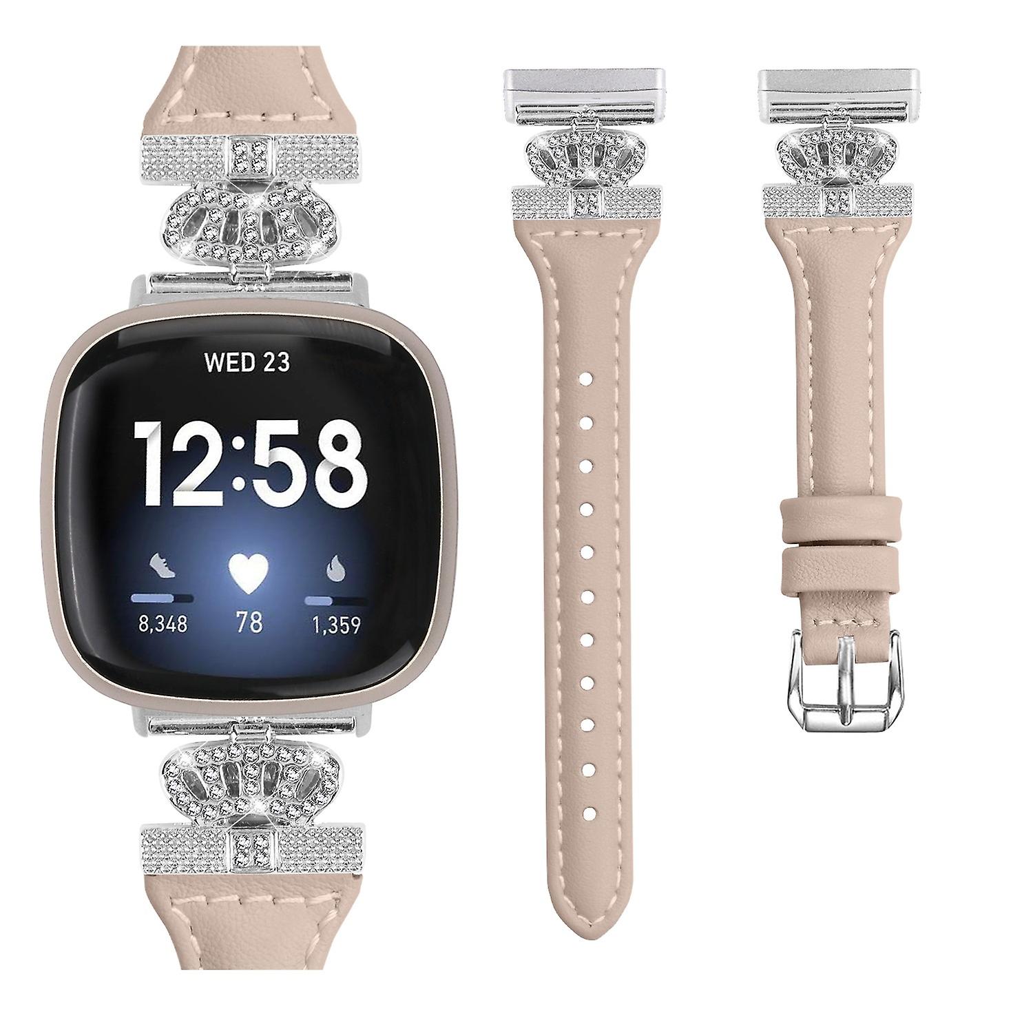 For Fitbit Versa 3/4/Sense/Sense 2 Silver Buckle Watch Band Crown Genuine Cowhide Leather Strap