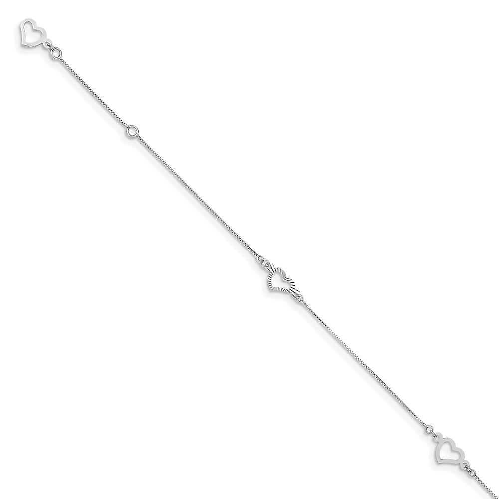 14k White Gold Fancy Love Heart Plus 1in Ext. Anklet 9 Inch 1mm Wide-Anklet for Women - 1.0 Grams