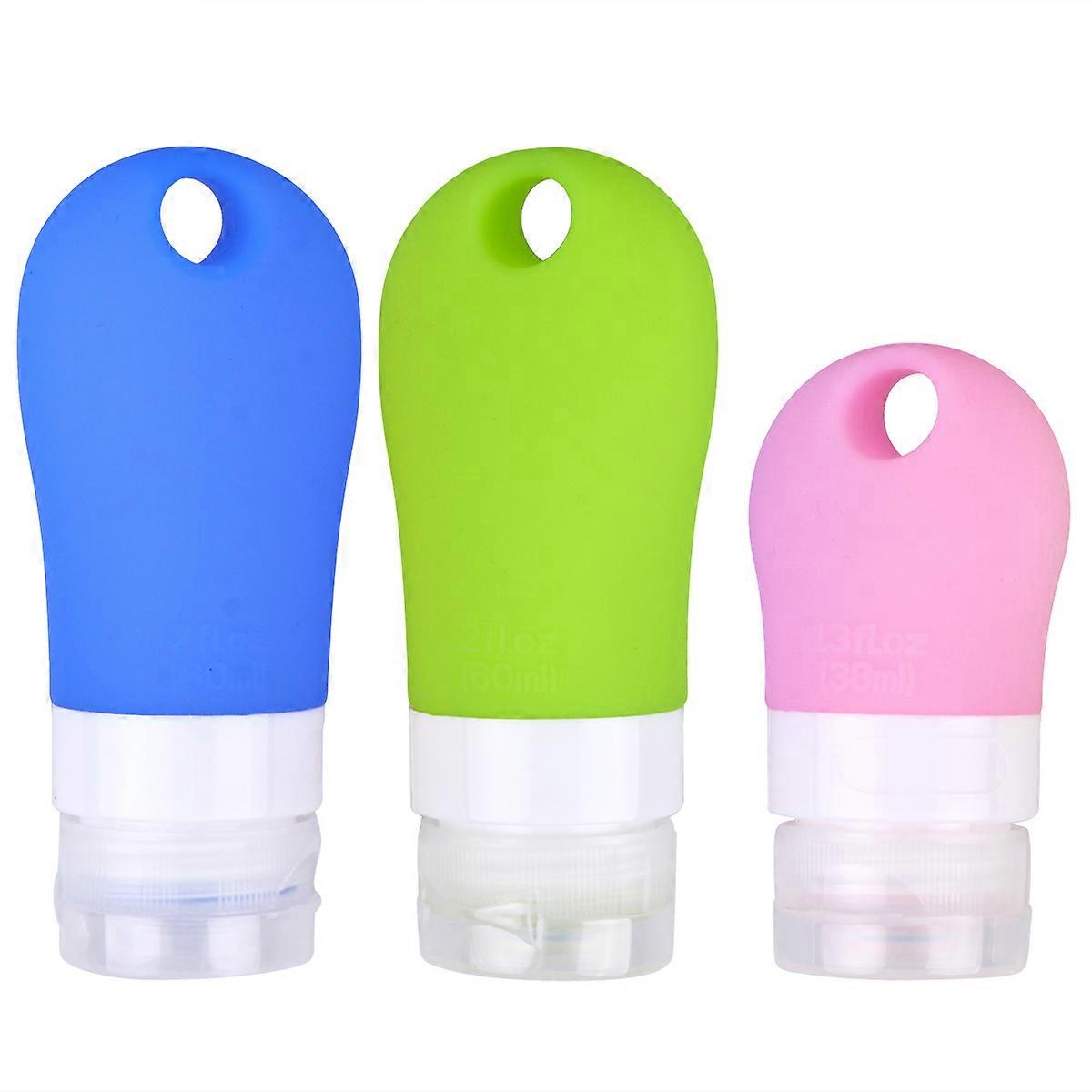 3pcs Empty Travel Bottles Silicone Squeeze Bottles Toiletries Containers Refillable Shampoo Shower Gel Bottles (1pc 38ML Pink 1pc 60ML Blue 1pc 60ML G