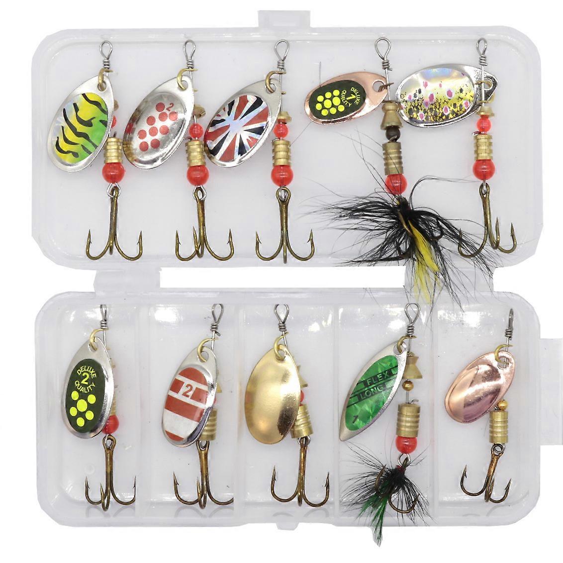 10 spinners in a practical box, nice multi-coloured fishing lures