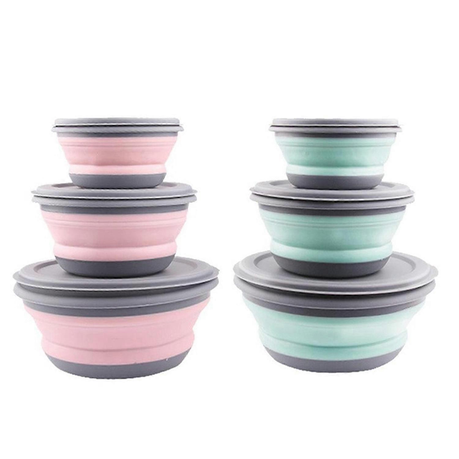 6Pcs Bowl Sets Lunch Box Folding Bowl Portable Silicone Bowl Foldable Salad Bowl with Lid, 3Pcs Pin