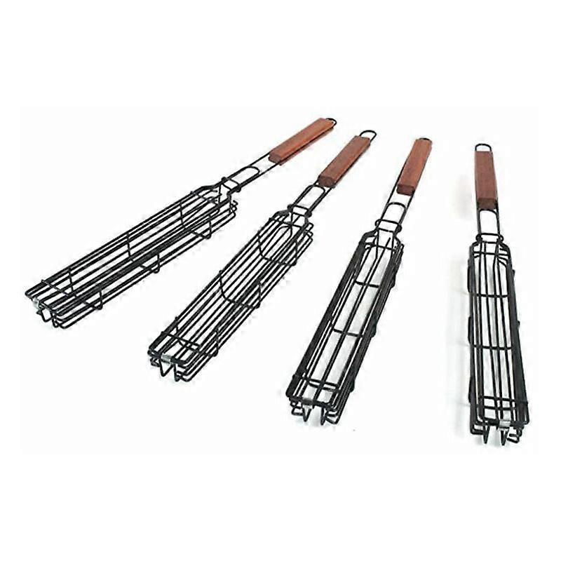 BBQ Grill Καλάθι Σετ των 4 με Γκριλ Κλείδωμα Μακριά Ξύλινη Λαβή Αντικολλητική Ανοξείδωτη Σχάρα Μπάρμπεκιου Ψησταριά Ψάρια Λαχανικά Λουκάνικο Κρεμμύδι Καλάθια
