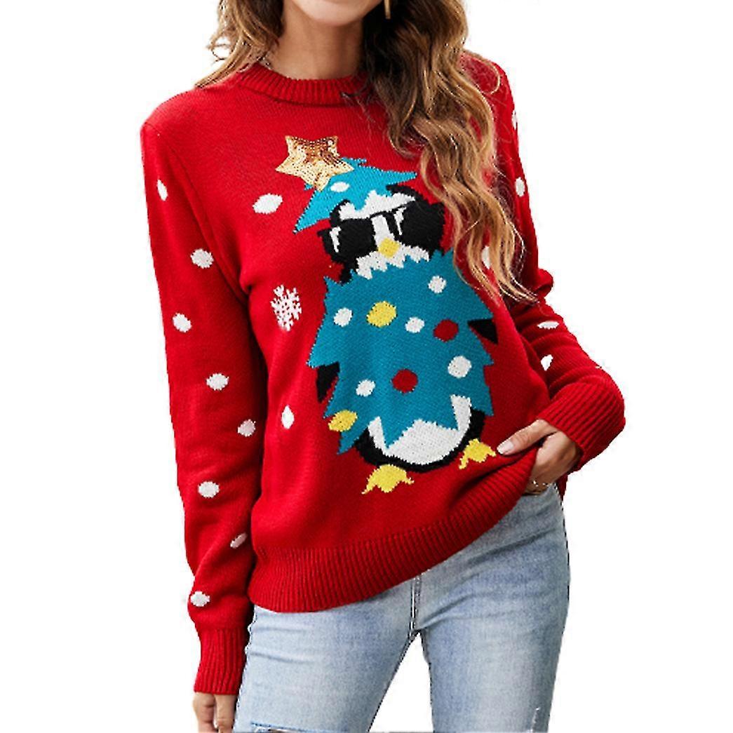 Pull de Noël pour femmes Pull tricoté imprimé pingouin mignon