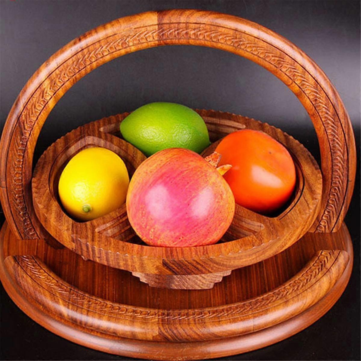 Handmade Wood Carving Fruit Plate Wooden Fruit Basket Foldable Dried Fruit Basket Bread Nuts Baskets,1 Grids