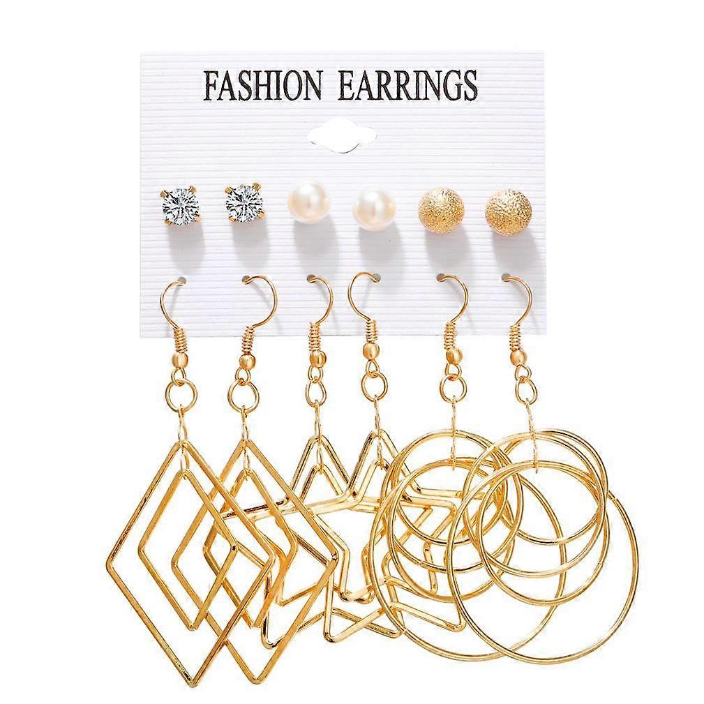 6pcs Ear Studs Set Pentagram Star Big Circle Multielemented Earrings for Wedding