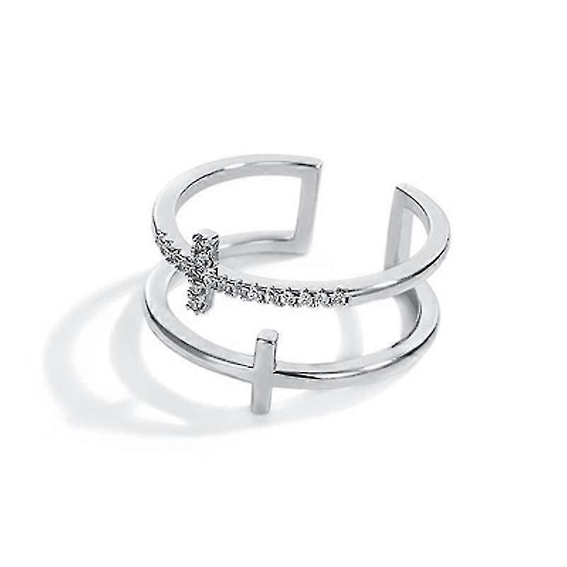 Double-Layer Cross Ring Female Open Simple Korean Trendy Flash Diamond Index Finger Ring Student, Silver