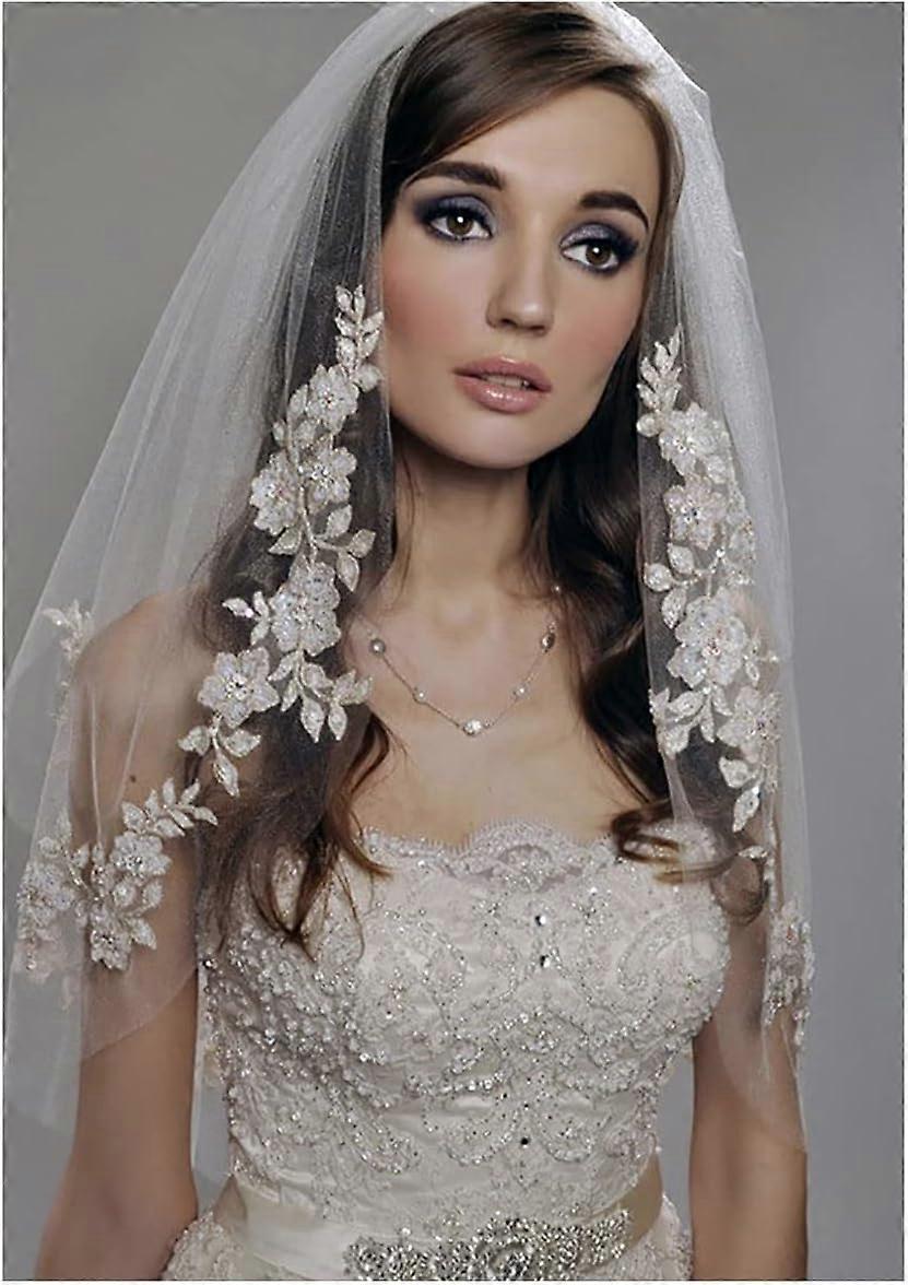 2 Layer Bridal Veil Silver Wire with Lace Trim and Beads Elbow Length Hair Accessories for Women Girls White One Size