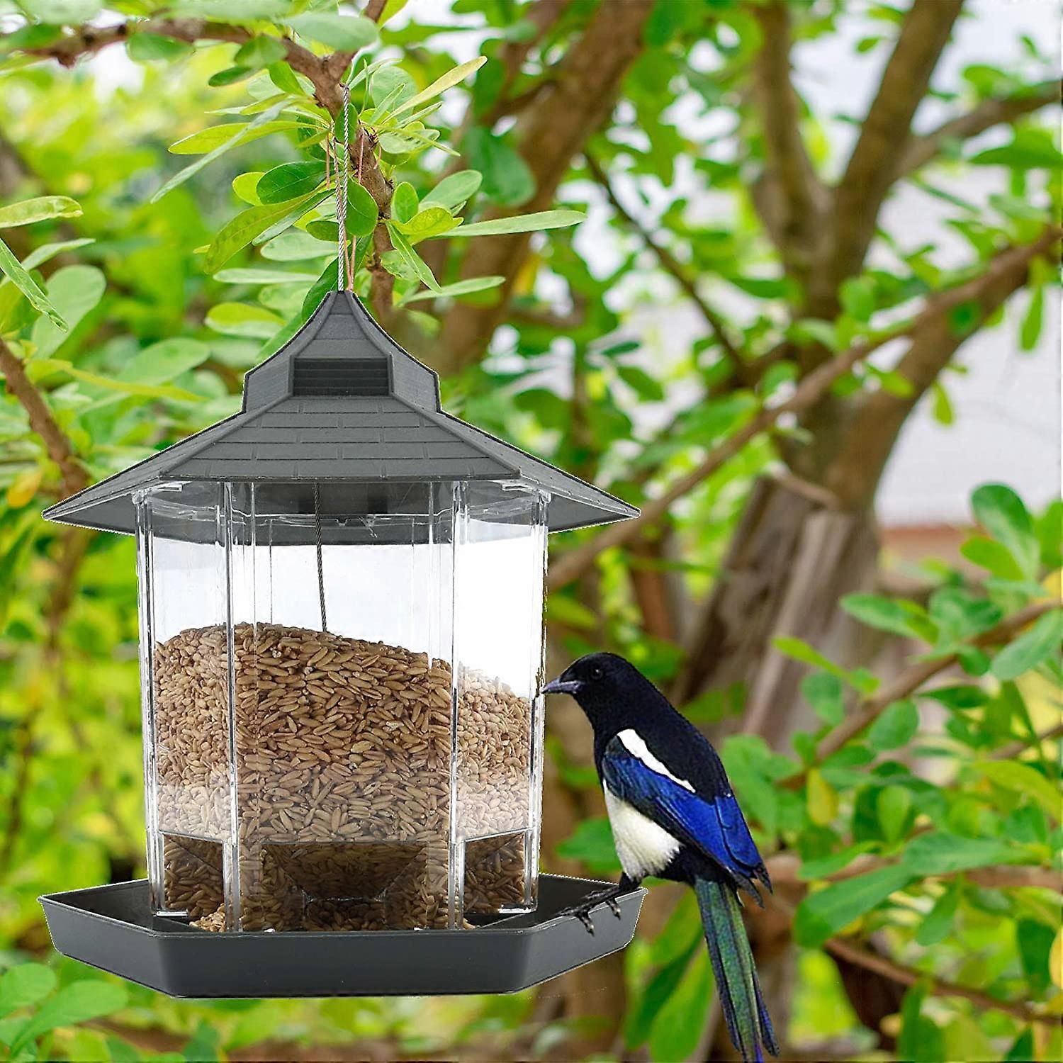 Vogelfutterhäuschen, wasserdichter hängender Vogelfutterbehälter mit Dach und Tablett für Gartenterrasse im Hinterhof, Eichhörnchen-sicher, Wildvogelsamenfutterhaus (grau)