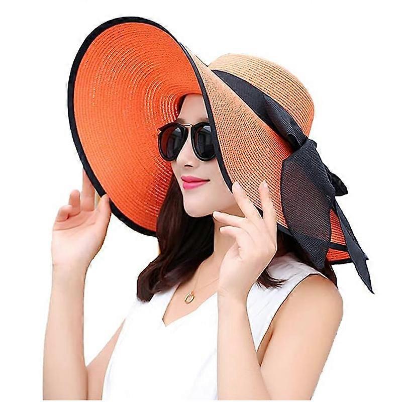 Womens 5.5 Inches Big Bowknot Straw Hat Foldable Roll up Beach Cap Sun Hat